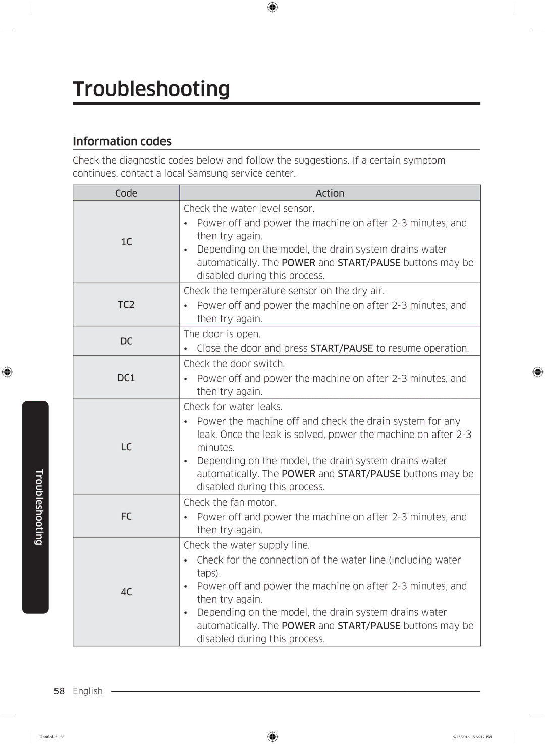 Samsung WD18J7810KG/YL manual Information codes 