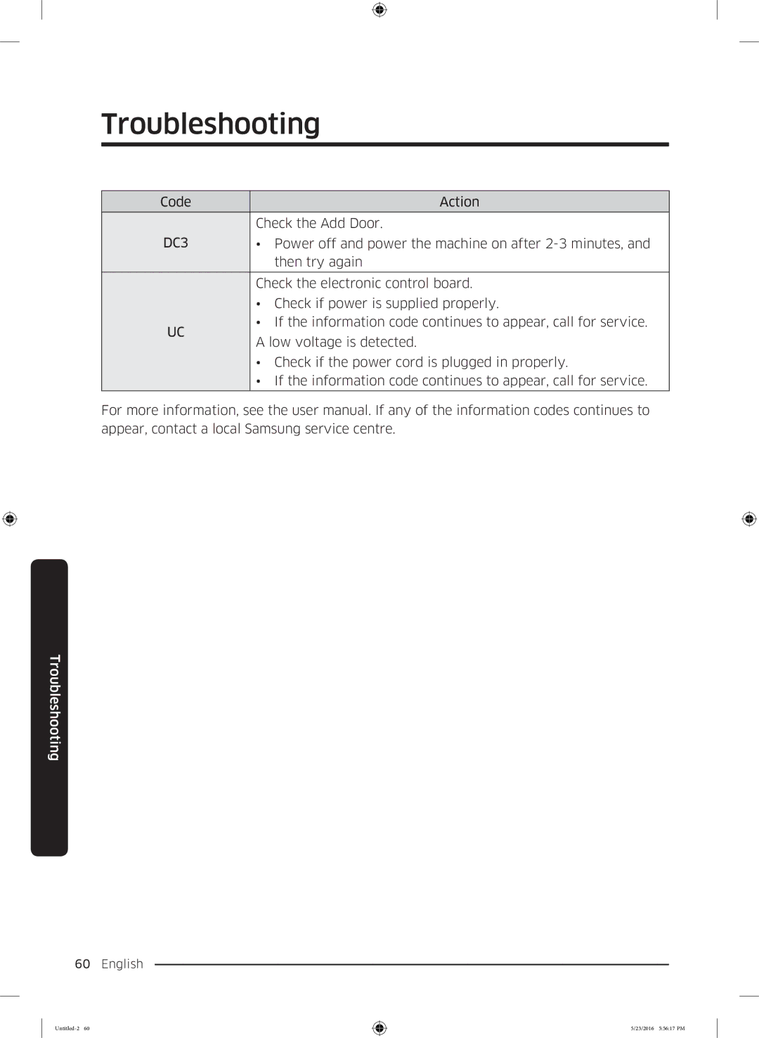 Samsung WD18J7810KG/YL manual Code Action Check the Add Door, Check the electronic control board, Low voltage is detected 