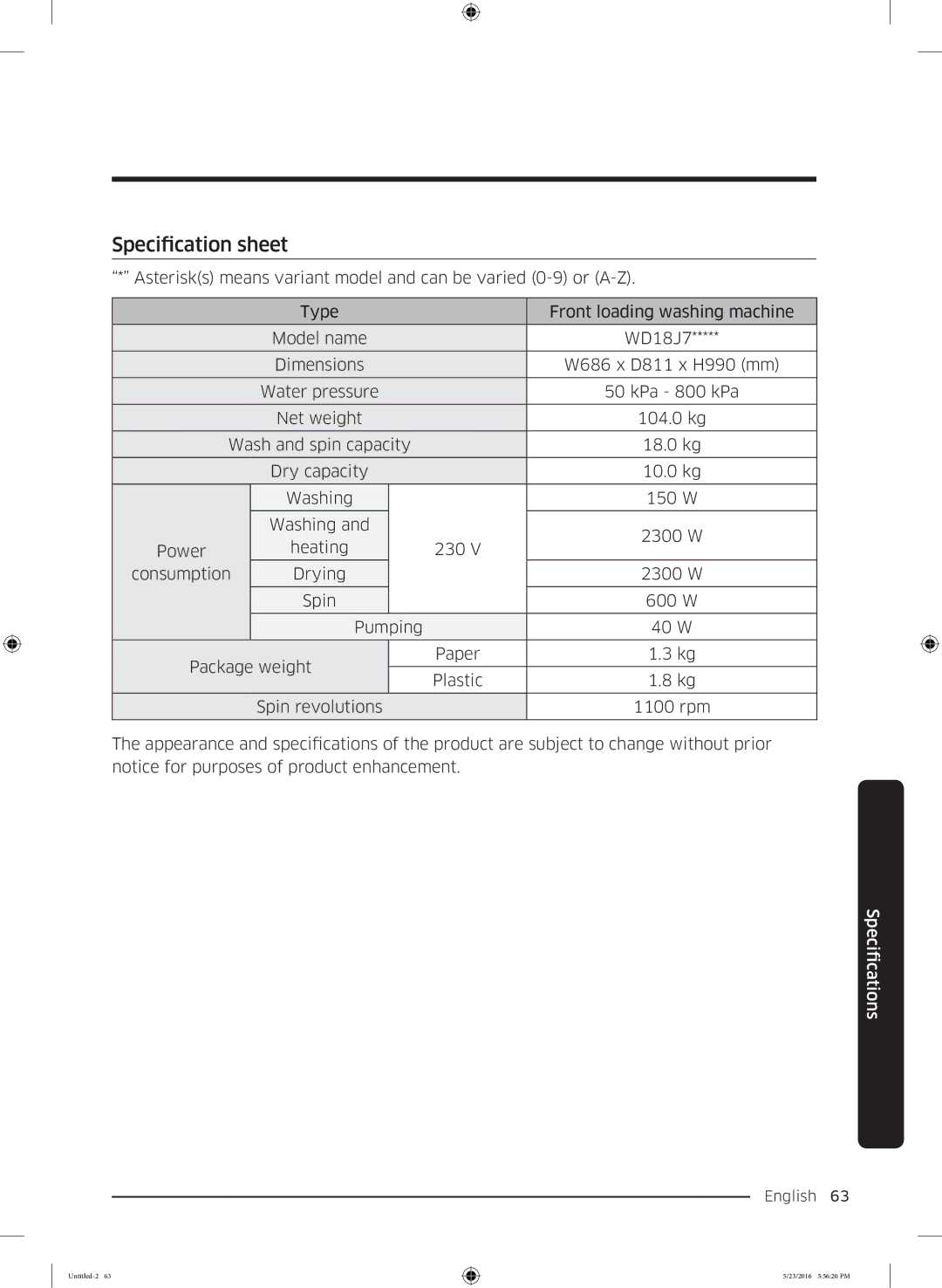 Samsung WD18J7810KG/YL manual Specification sheet 