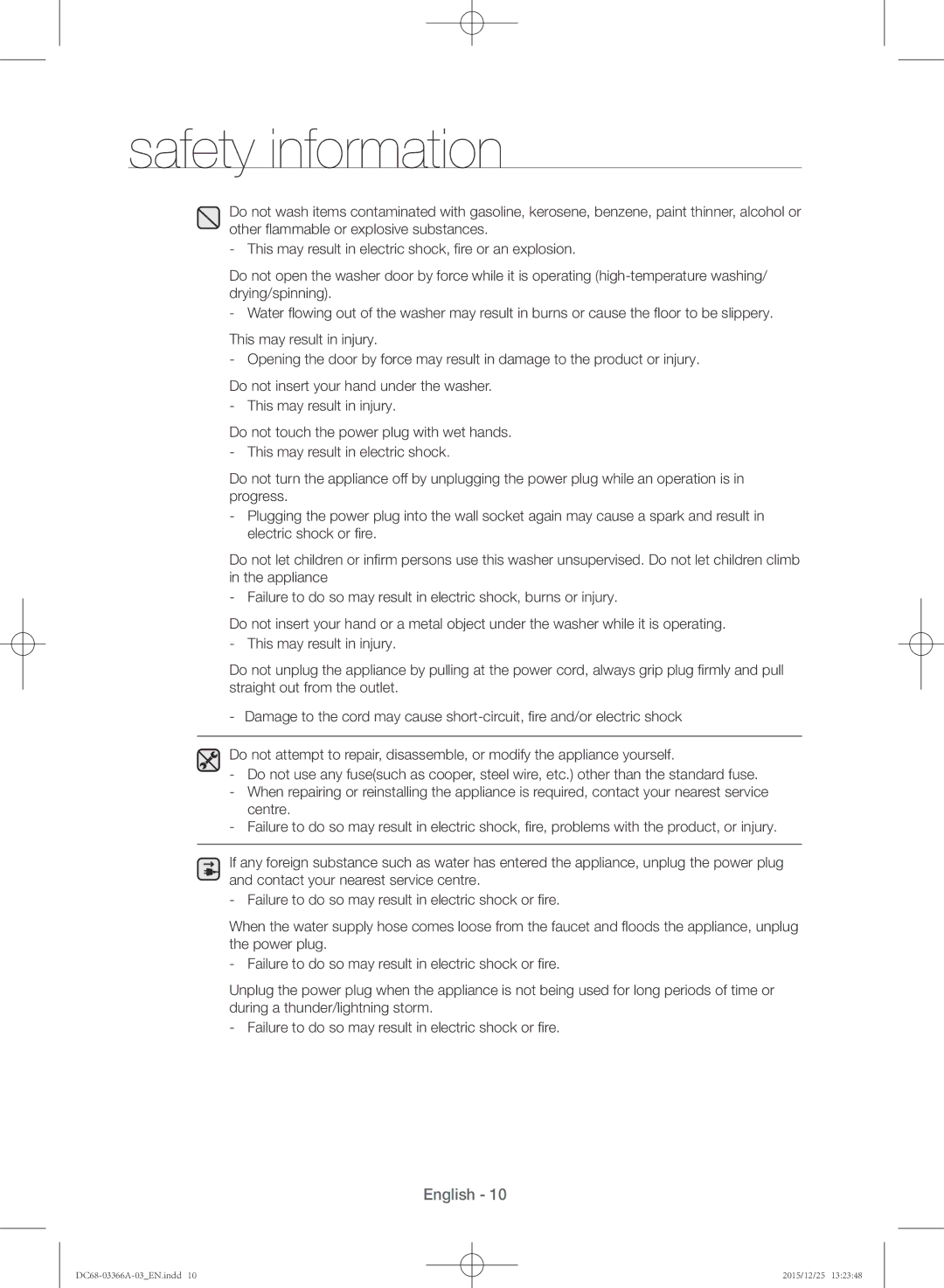 Samsung WD21F8K9ABG/YL manual Safety information 