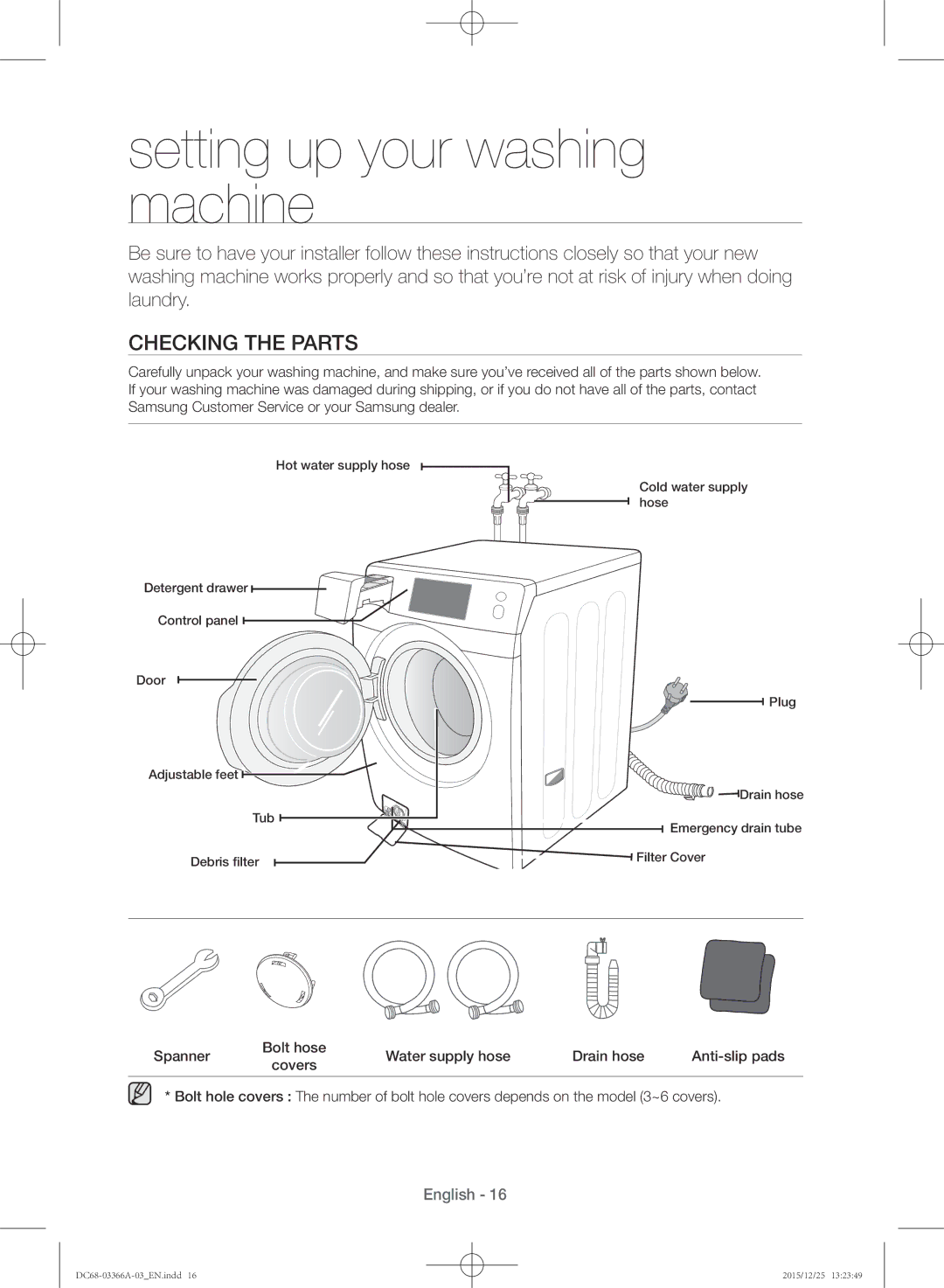 Samsung WD21F8K9ABG/YL manual Setting up your washing machine, Checking the parts 