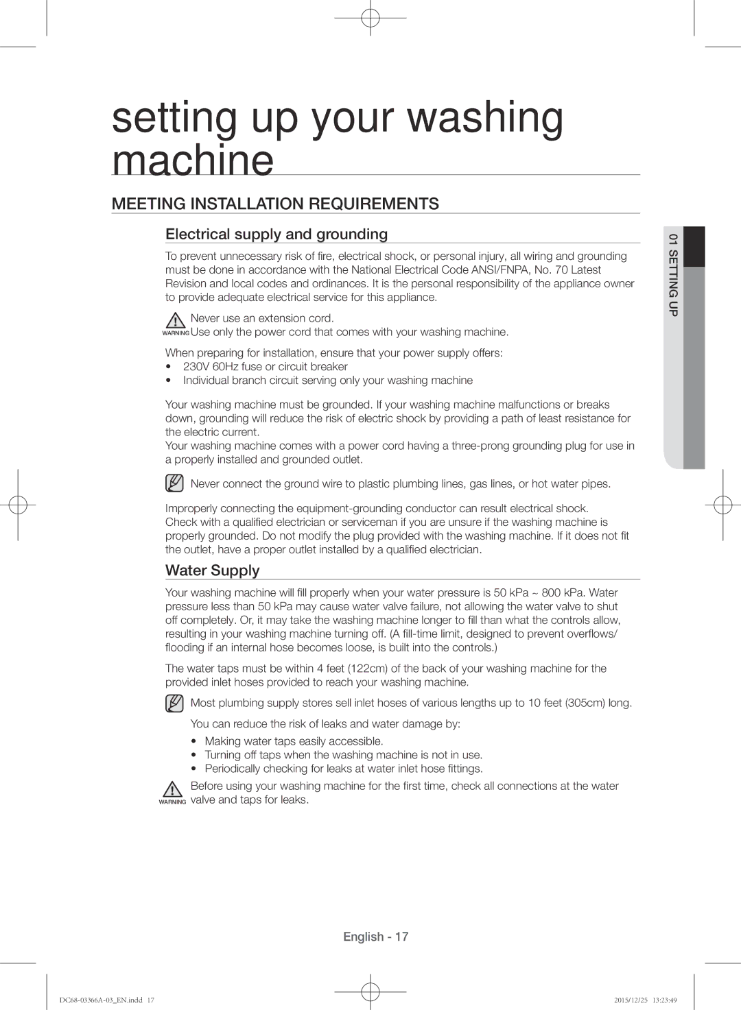 Samsung WD21F8K9ABG/YL manual Meeting installation requirements, Electrical supply and grounding, Water Supply 