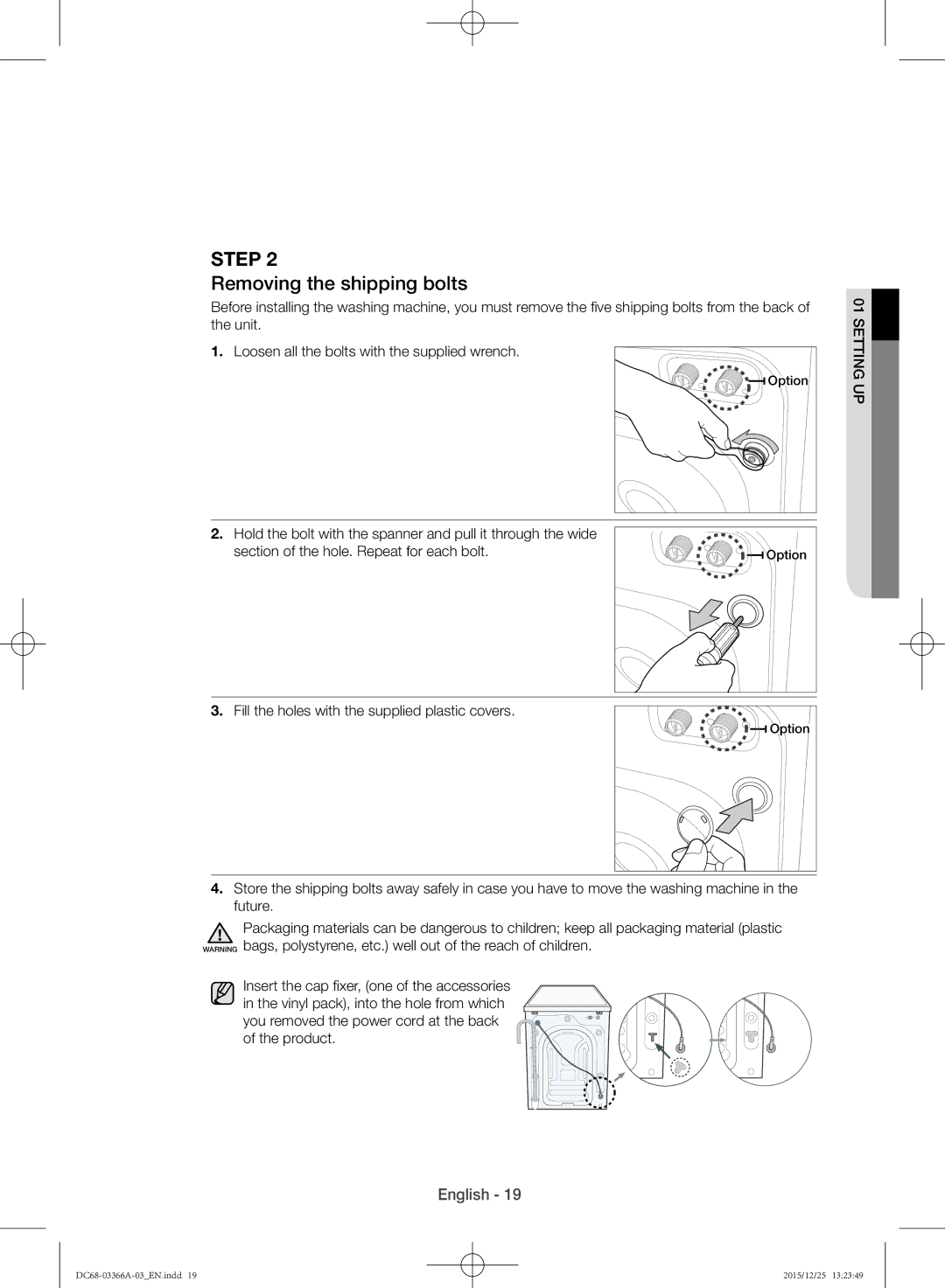 Samsung WD21F8K9ABG/YL manual Removing the shipping bolts 