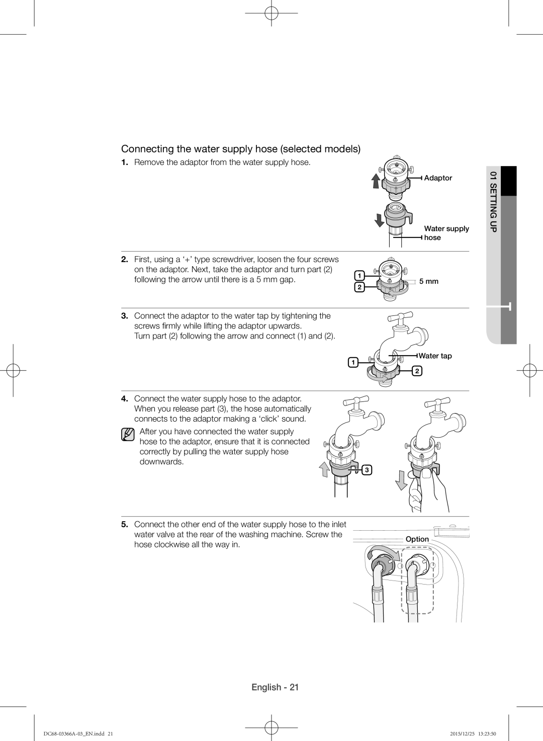 Samsung WD21F8K9ABG/YL manual Remove the adaptor from the water supply hose, Hose clockwise all the way 