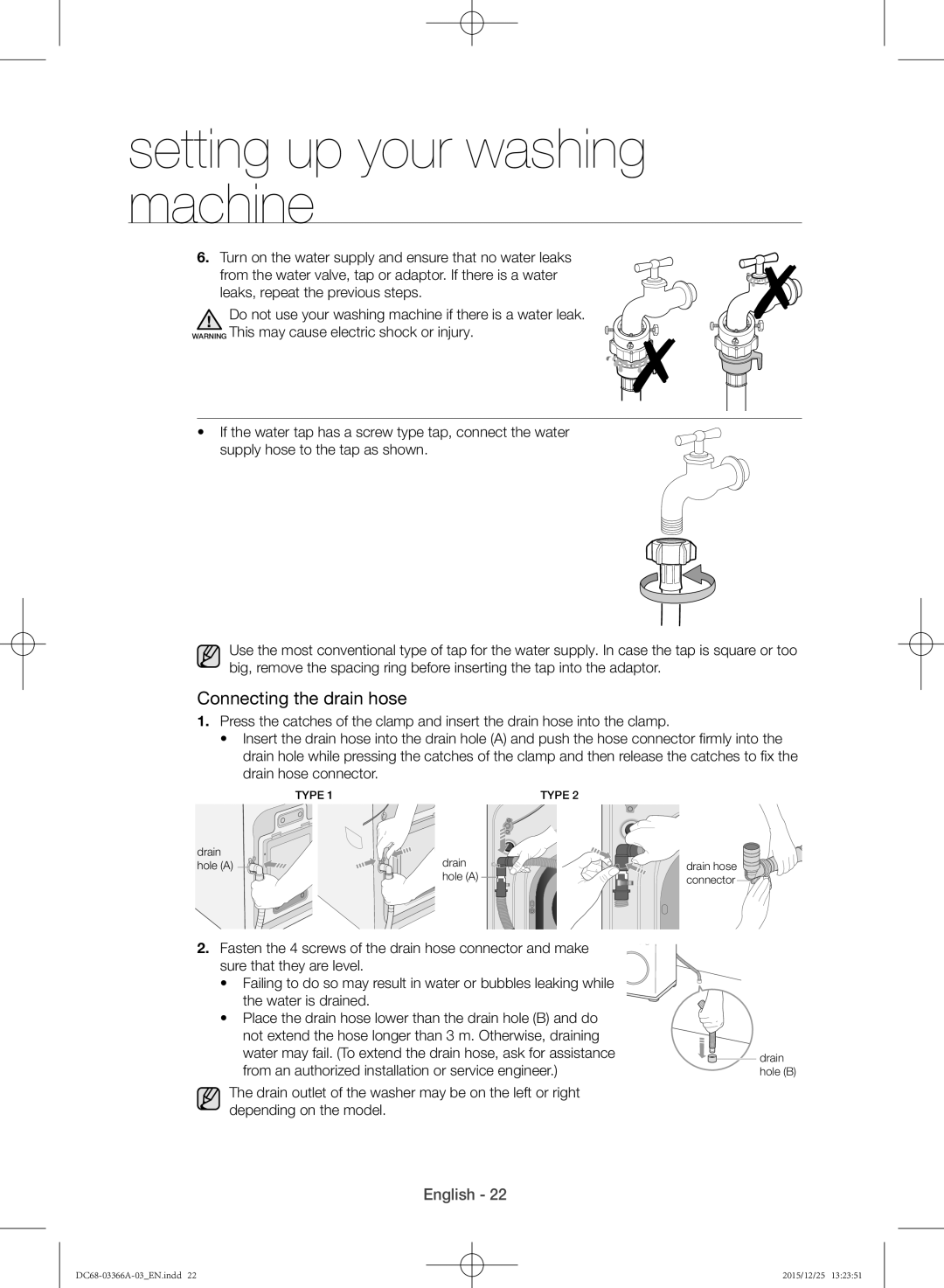 Samsung WD21F8K9ABG/YL manual Connecting the drain hose 