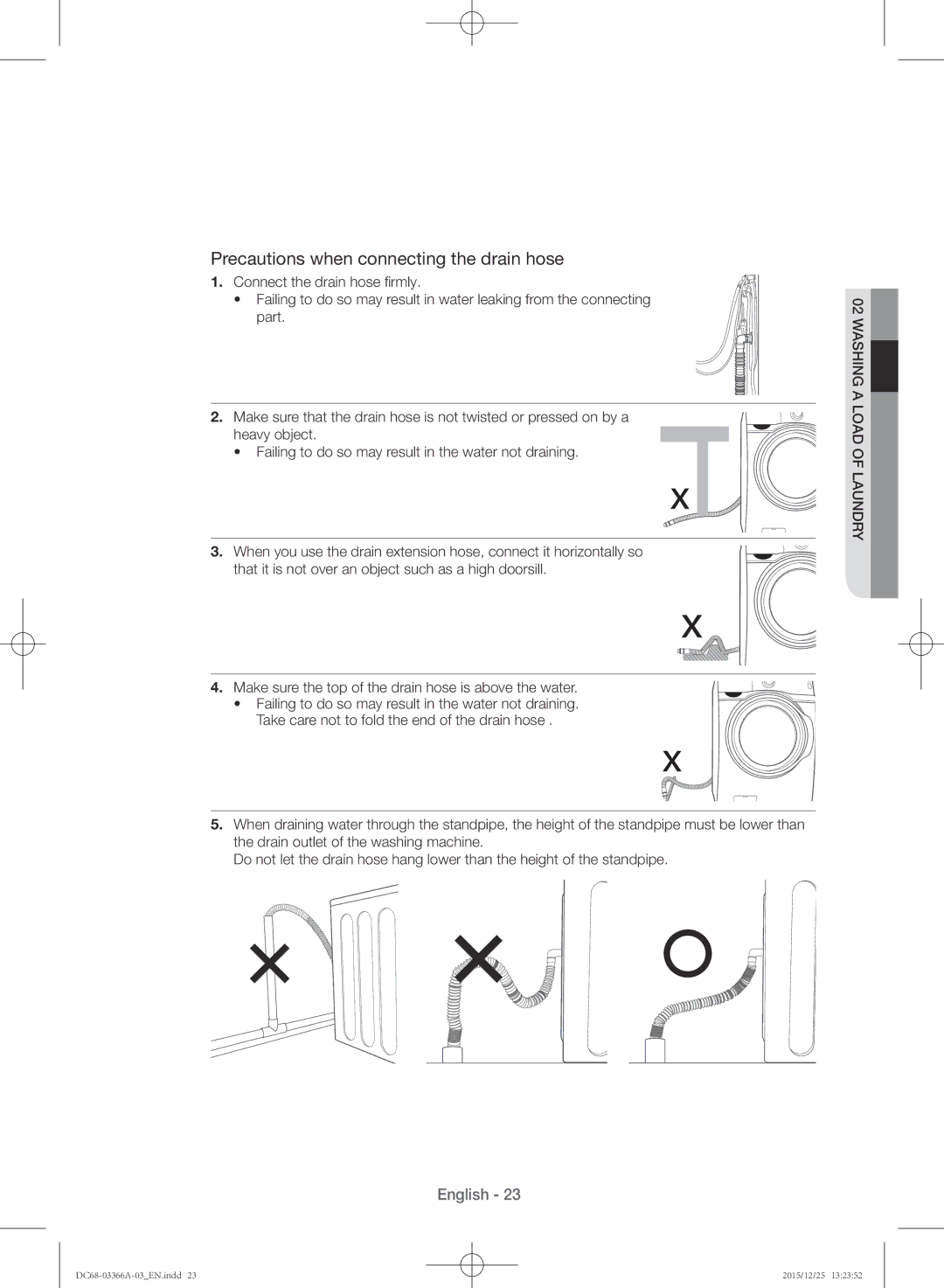 Samsung WD21F8K9ABG/YL manual Precautions when connecting the drain hose 