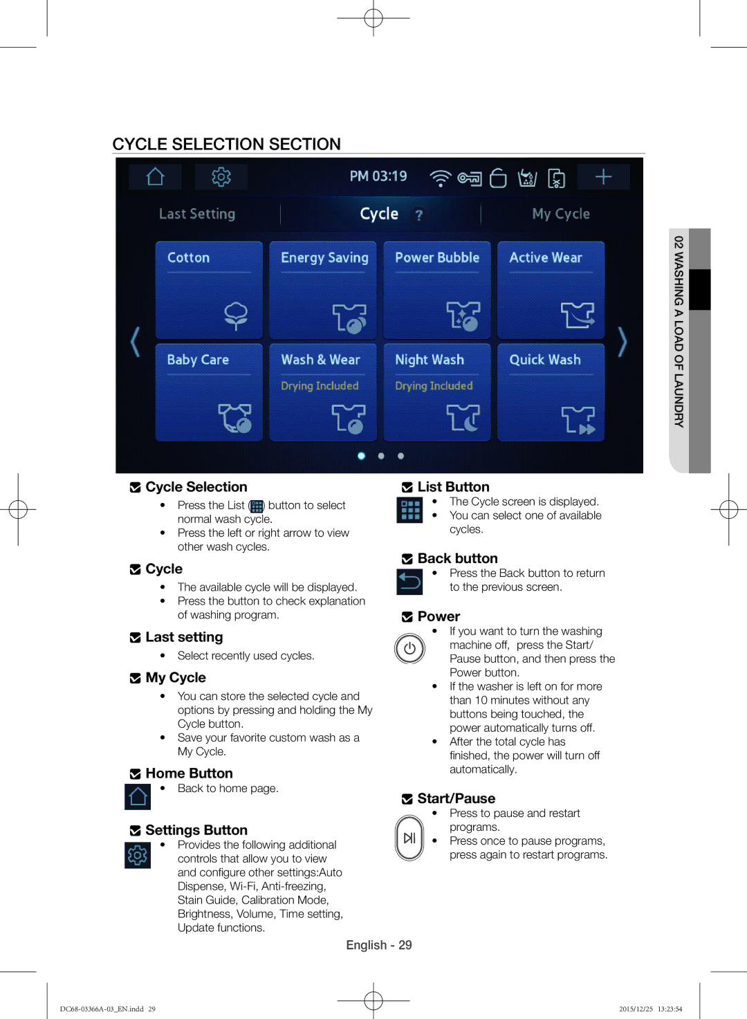 Samsung WD21F8K9ABG/YL manual Cycle Selection Section 