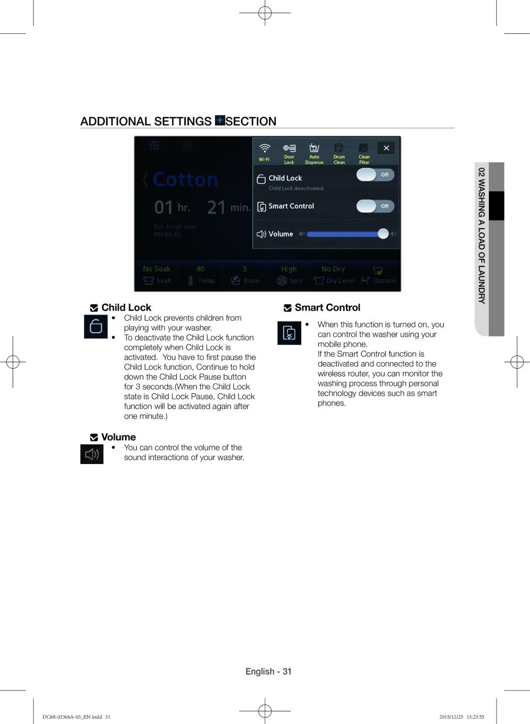 Samsung WD21F8K9ABG/YL Additional Settings Section, Child Lock Smart Control, Volume, Down the Child Lock Pause button 