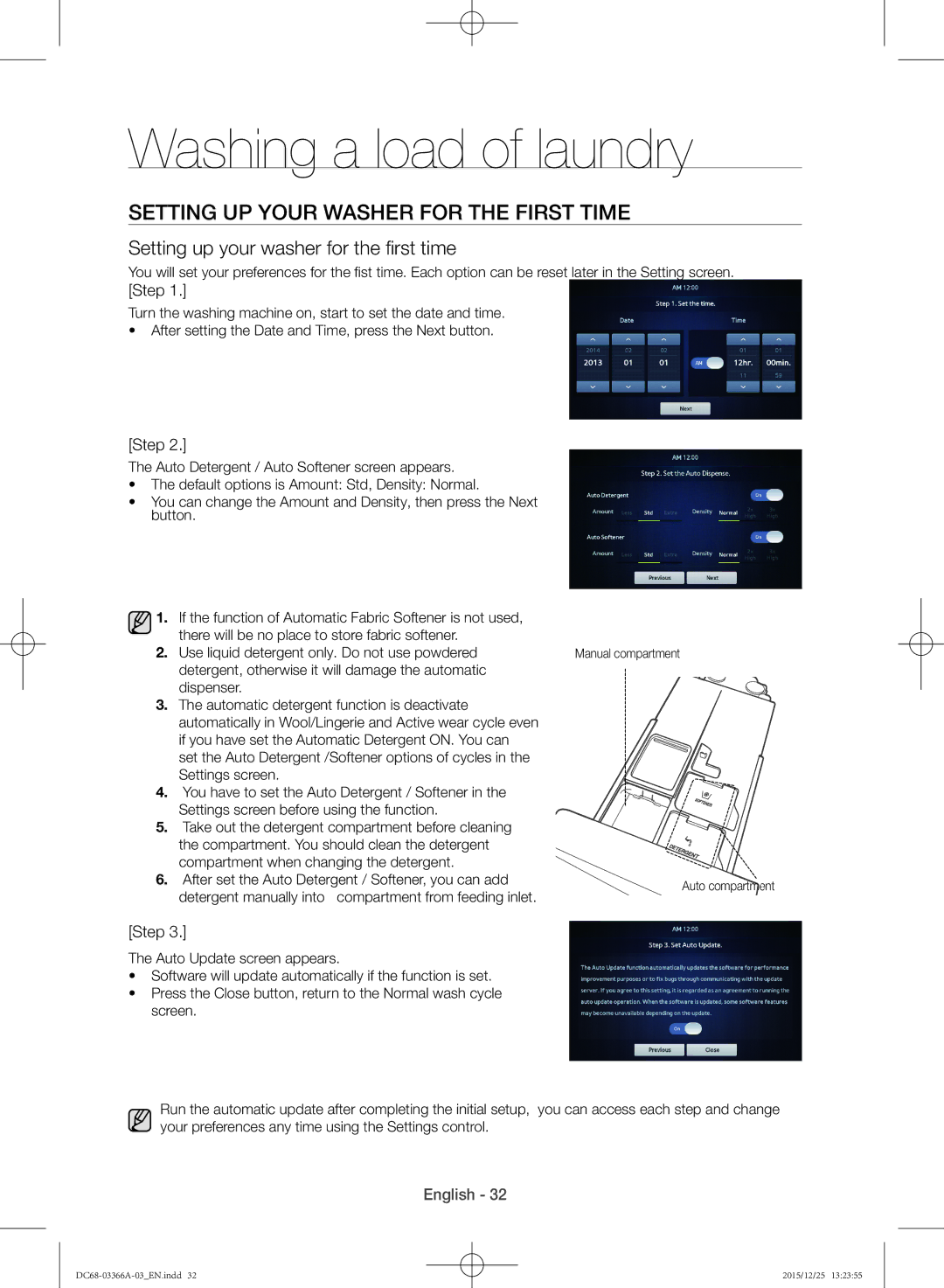 Samsung WD21F8K9ABG/YL manual Setting up your washer for the first time 