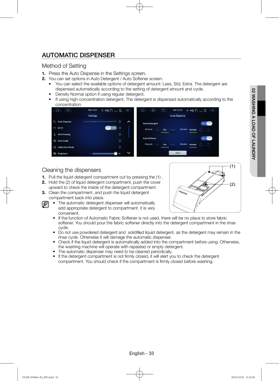 Samsung WD21F8K9ABG/YL manual Automatic dispenser, Method of Setting, Cleaning the dispensers 