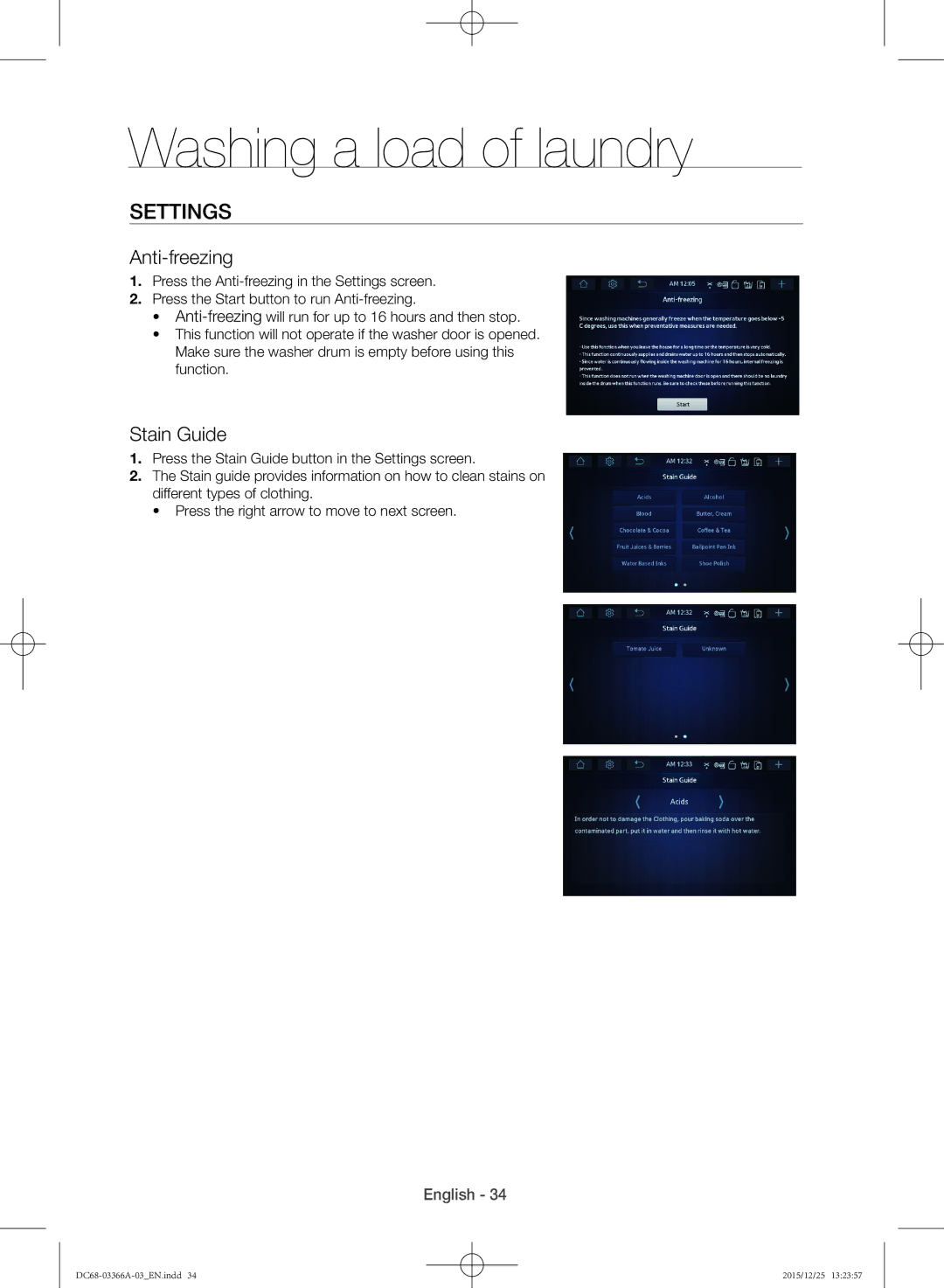 Samsung WD21F8K9ABG/YL manual Settings, Anti-freezing, Stain Guide 