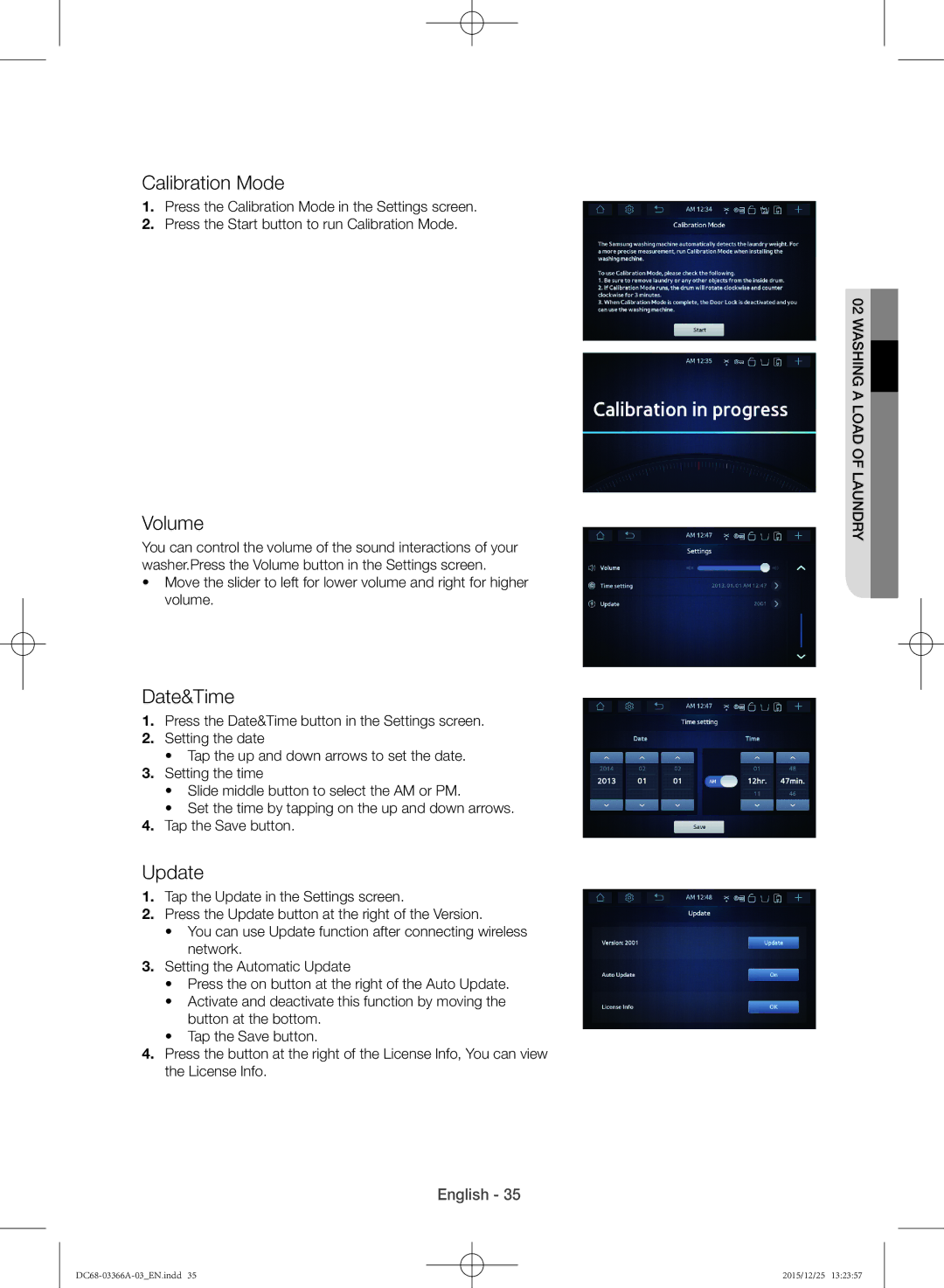 Samsung WD21F8K9ABG/YL manual Calibration Mode, Volume, Date&Time, Update 