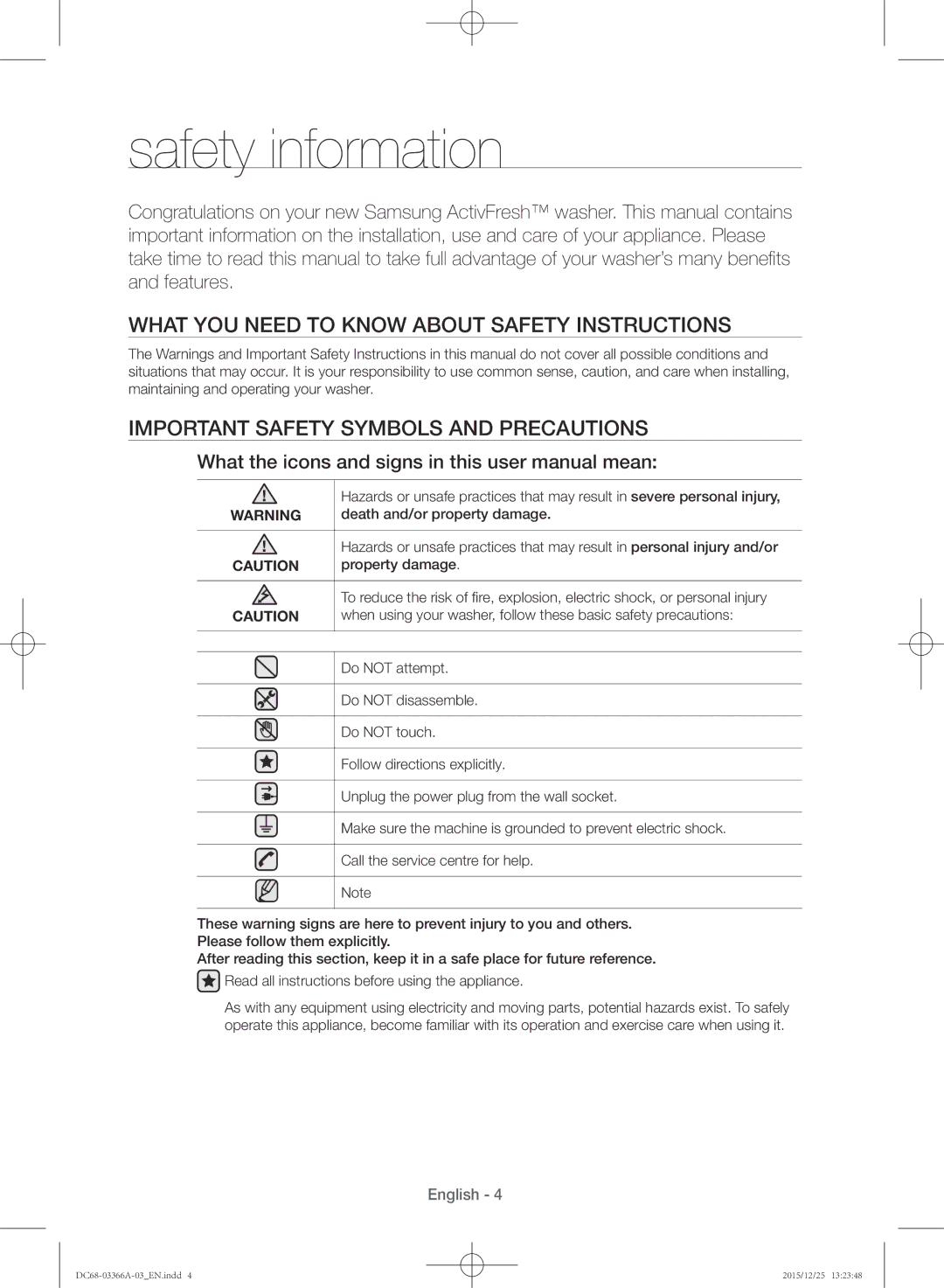 Samsung WD21F8K9ABG/YL manual Safety information, Important safety symbols and precautions 