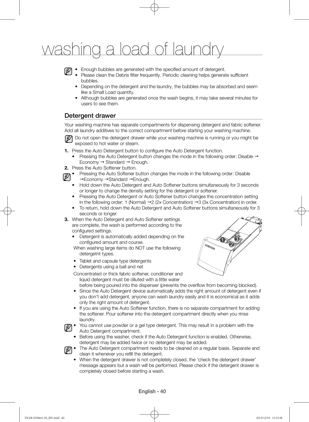 Samsung WD21F8K9ABG/YL manual Detergent drawer 