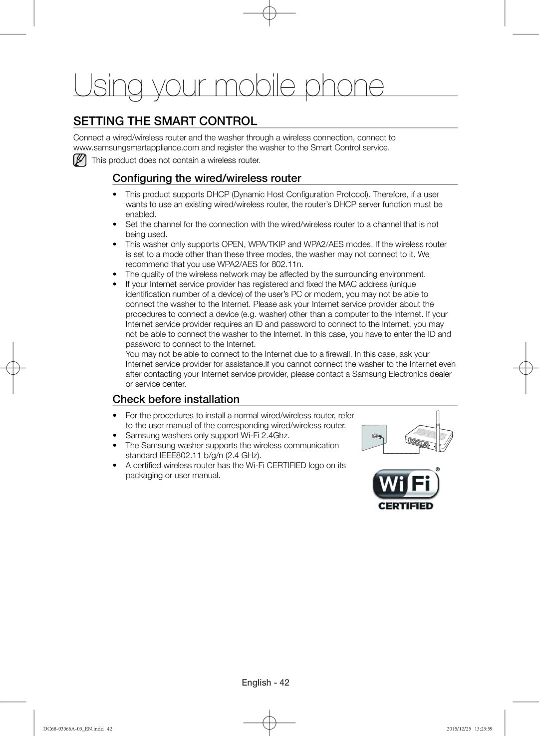 Samsung WD21F8K9ABG/YL manual Using your mobile phone, Setting the Smart Control, Configuring the wired/wireless router 