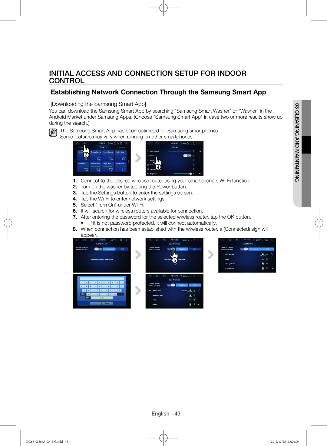 Samsung WD21F8K9ABG/YL manual Initial Access and Connection Setup For Indoor Control, Downloading the Samsung Smart App 