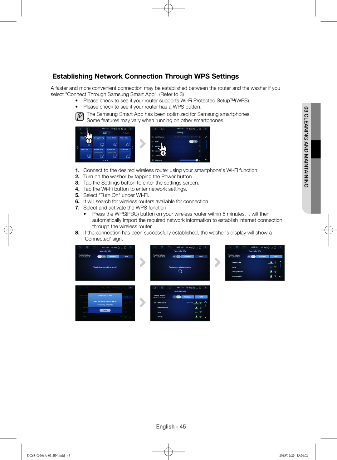 Samsung WD21F8K9ABG/YL manual Establishing Network Connection Through WPS Settings 