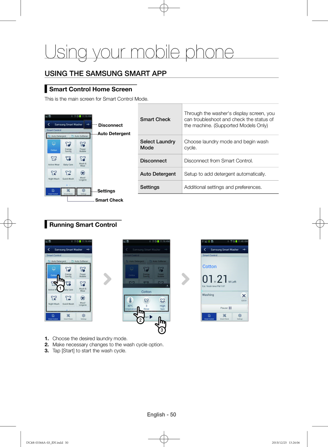 Samsung WD21F8K9ABG/YL manual Using the Samsung Smart App, Smart Control Home Screen, Running Smart Control 