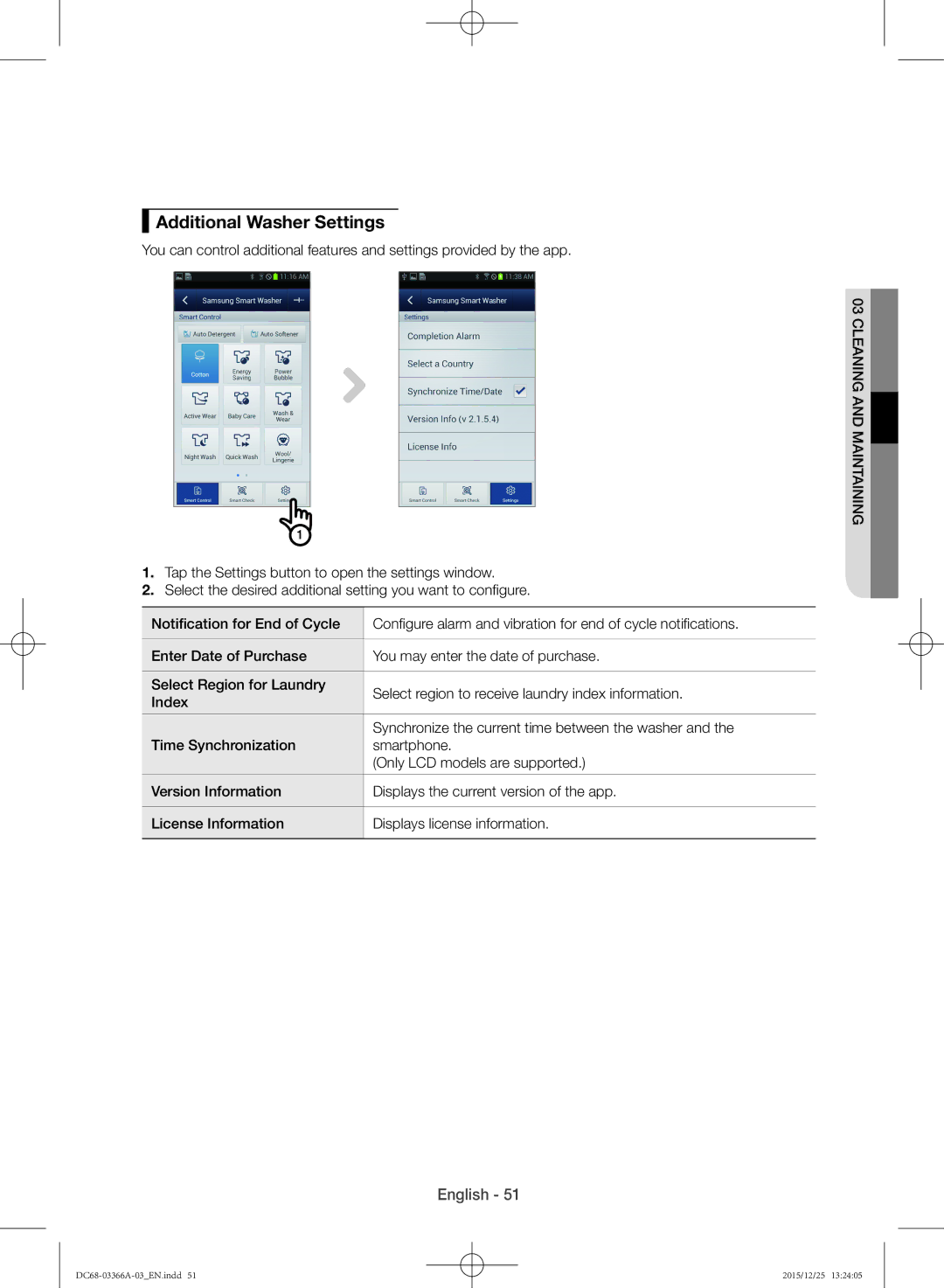 Samsung WD21F8K9ABG/YL manual Additional Washer Settings 