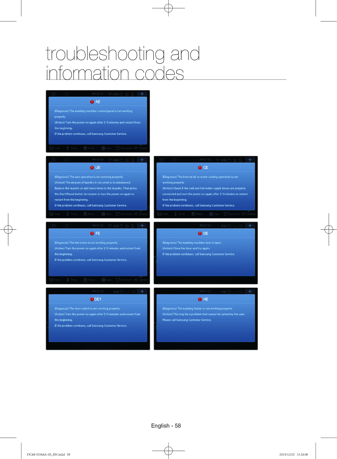 Samsung WD21F8K9ABG/YL manual Troubleshooting and information codes 