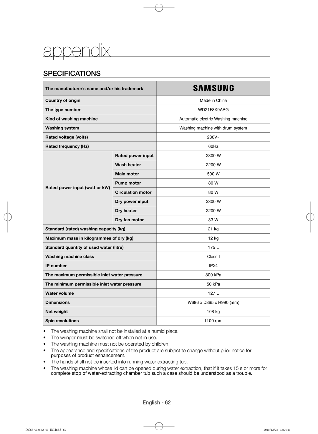 Samsung WD21F8K9ABG/YL manual DC68-03366A-03EN.indd 2015/12/25 