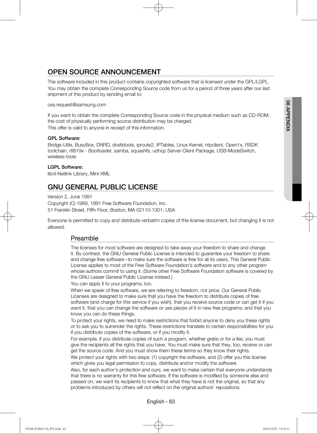 Samsung WD21F8K9ABG/YL manual Open Source Announcement, Preamble 