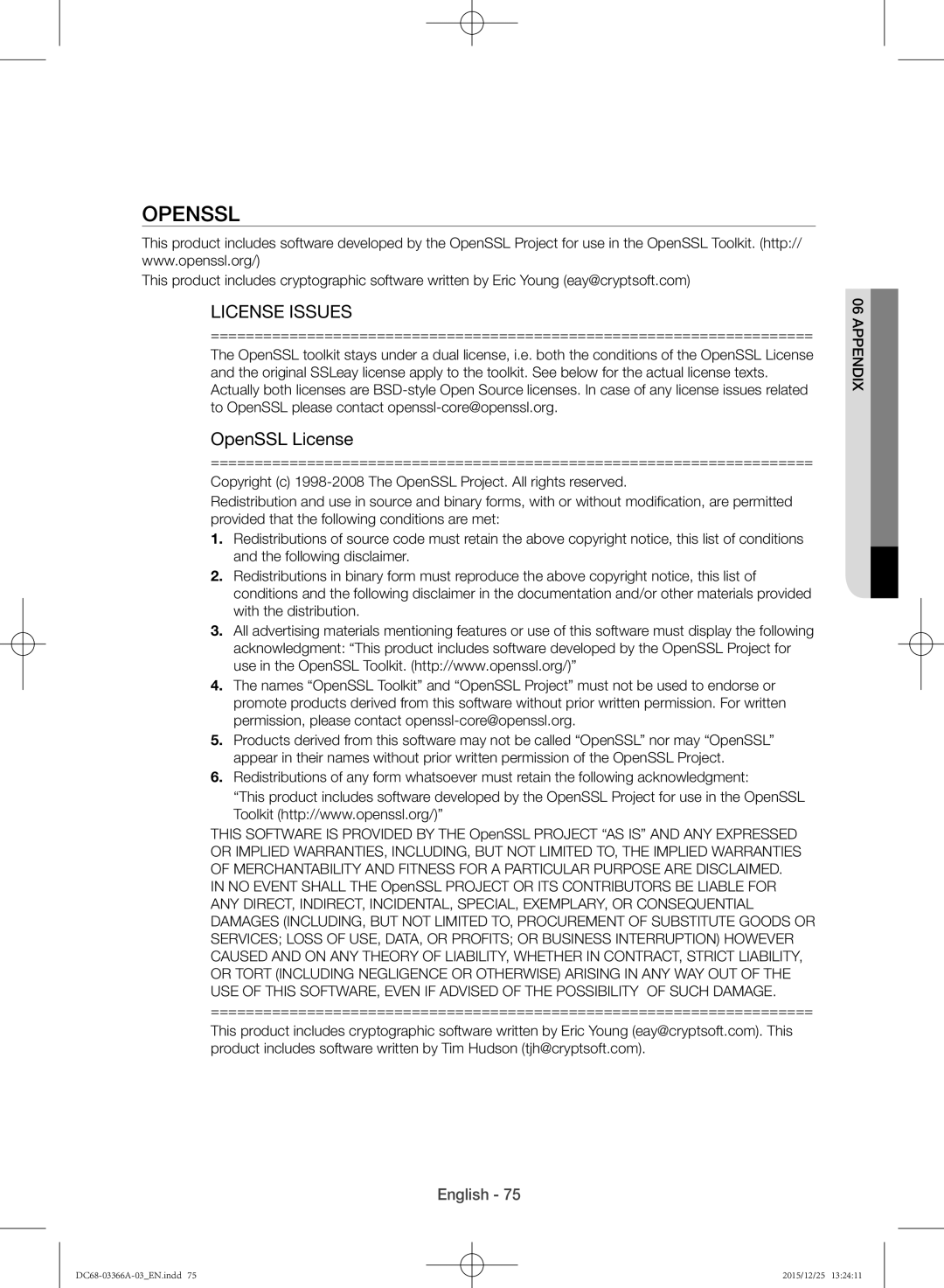 Samsung WD21F8K9ABG/YL manual OpenSSL, License Issues 