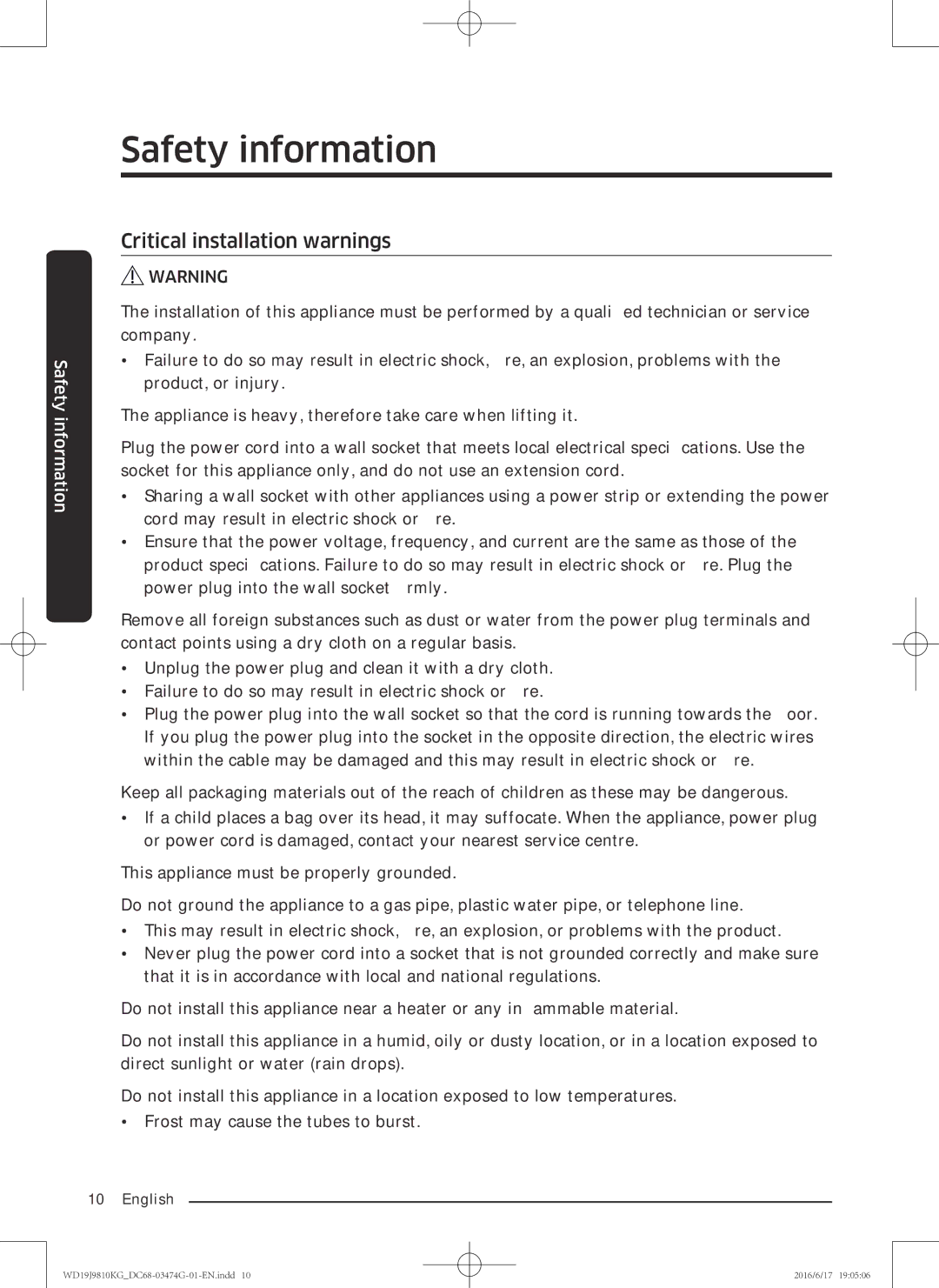 Samsung WD21J9810KP/YL, WD19J9810KG/YL manual Critical installation warnings 