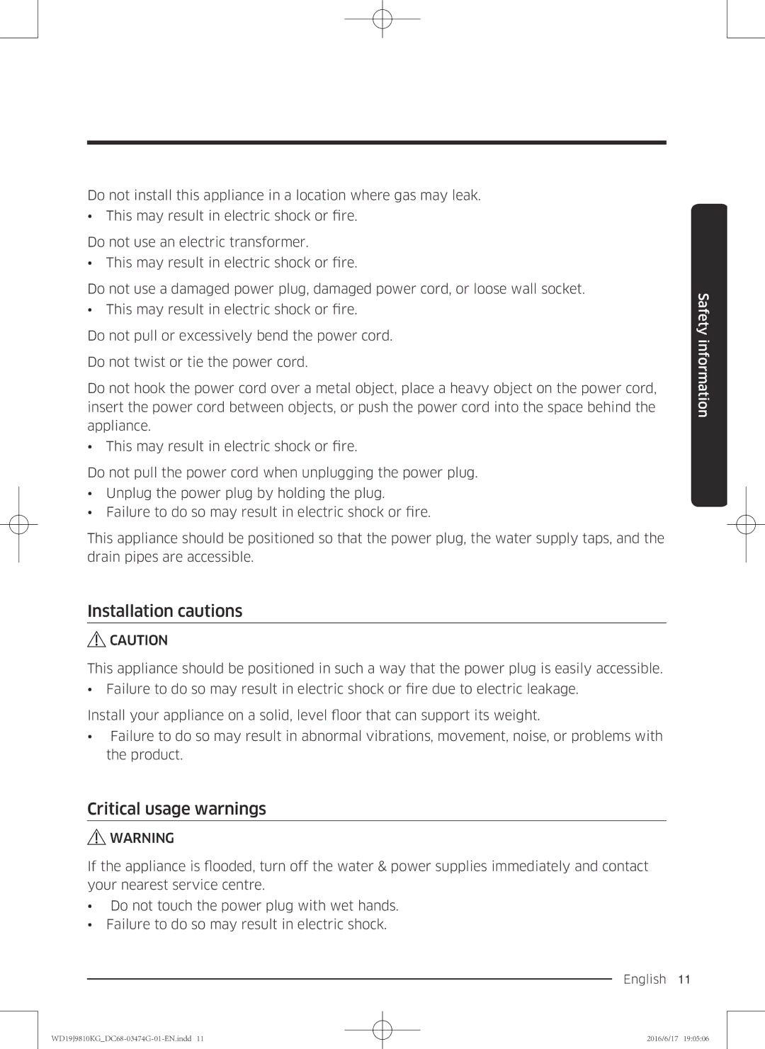 Samsung WD19J9810KG/YL, WD21J9810KP/YL manual Installation cautions, Critical usage warnings 