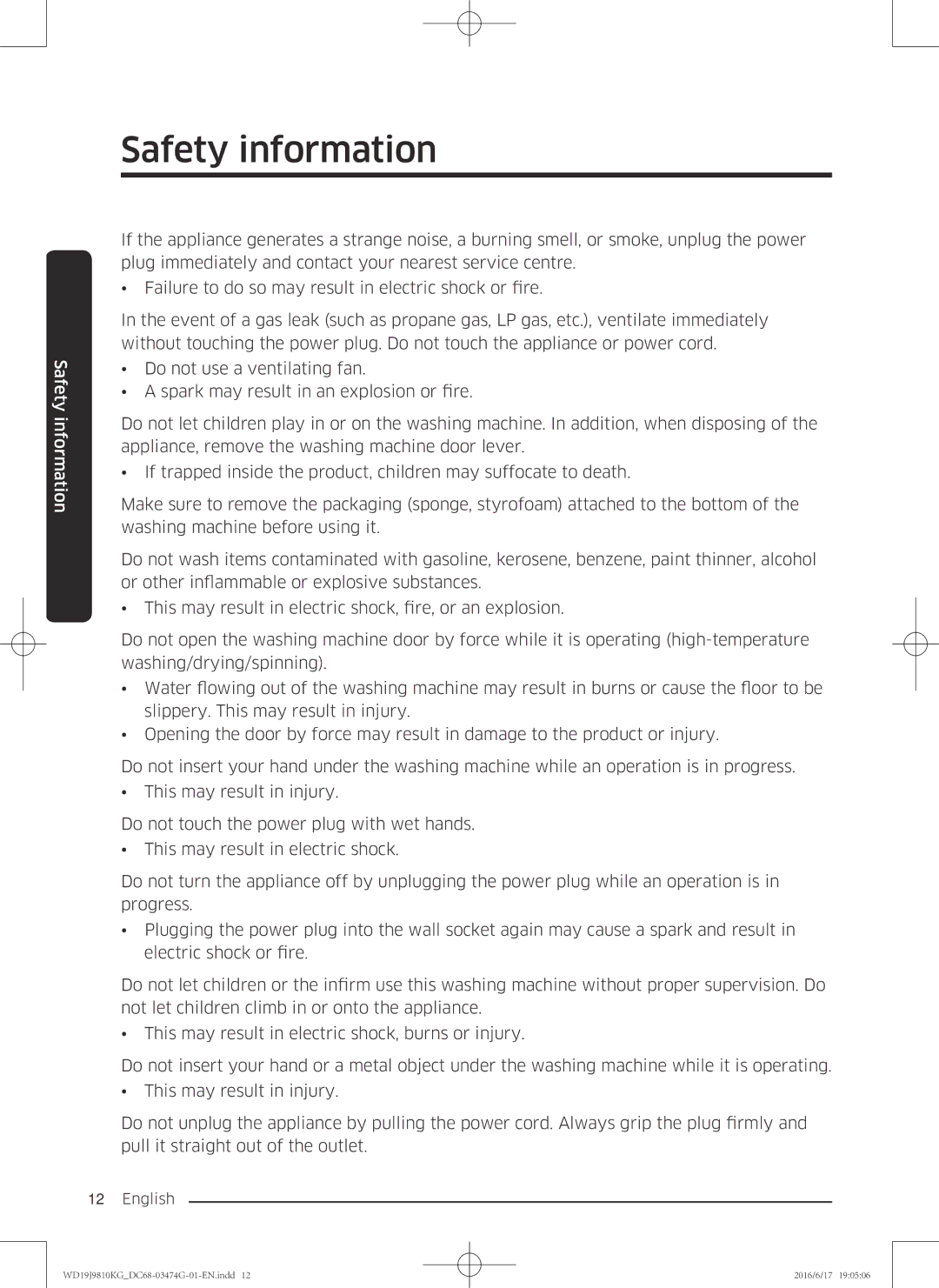 Samsung WD21J9810KP/YL, WD19J9810KG/YL manual Safety information 