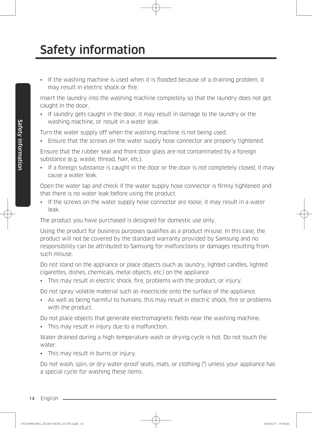 Samsung WD21J9810KP/YL, WD19J9810KG/YL manual Safety information 