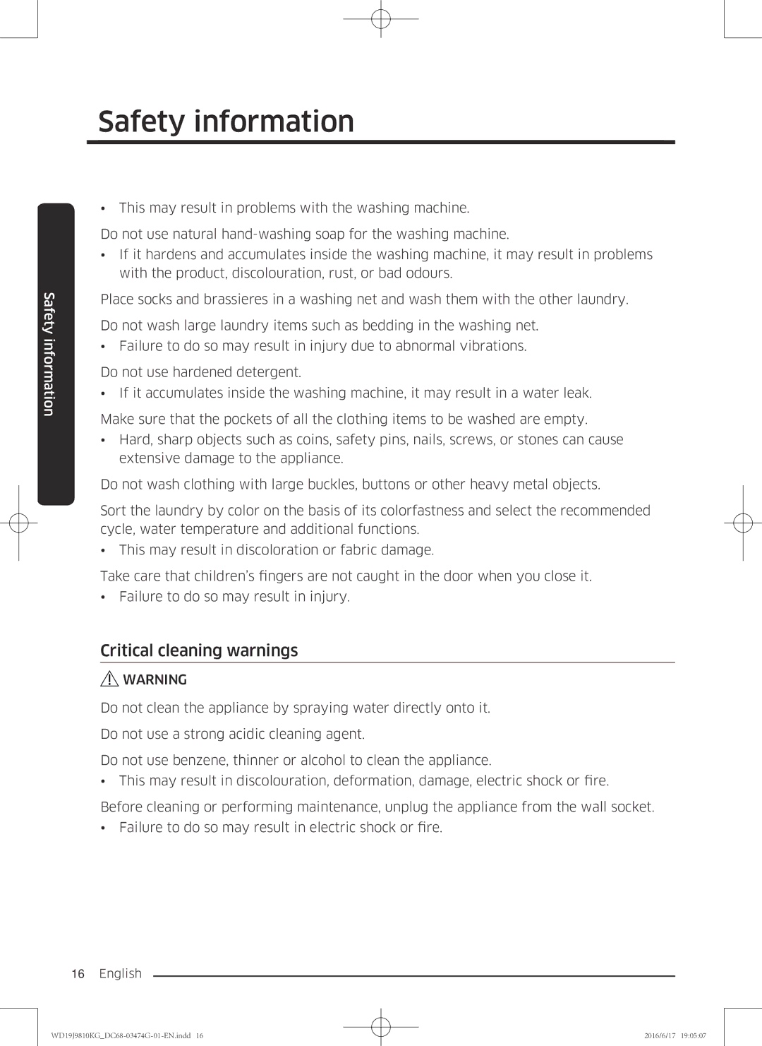 Samsung WD21J9810KP/YL, WD19J9810KG/YL manual Critical cleaning warnings 