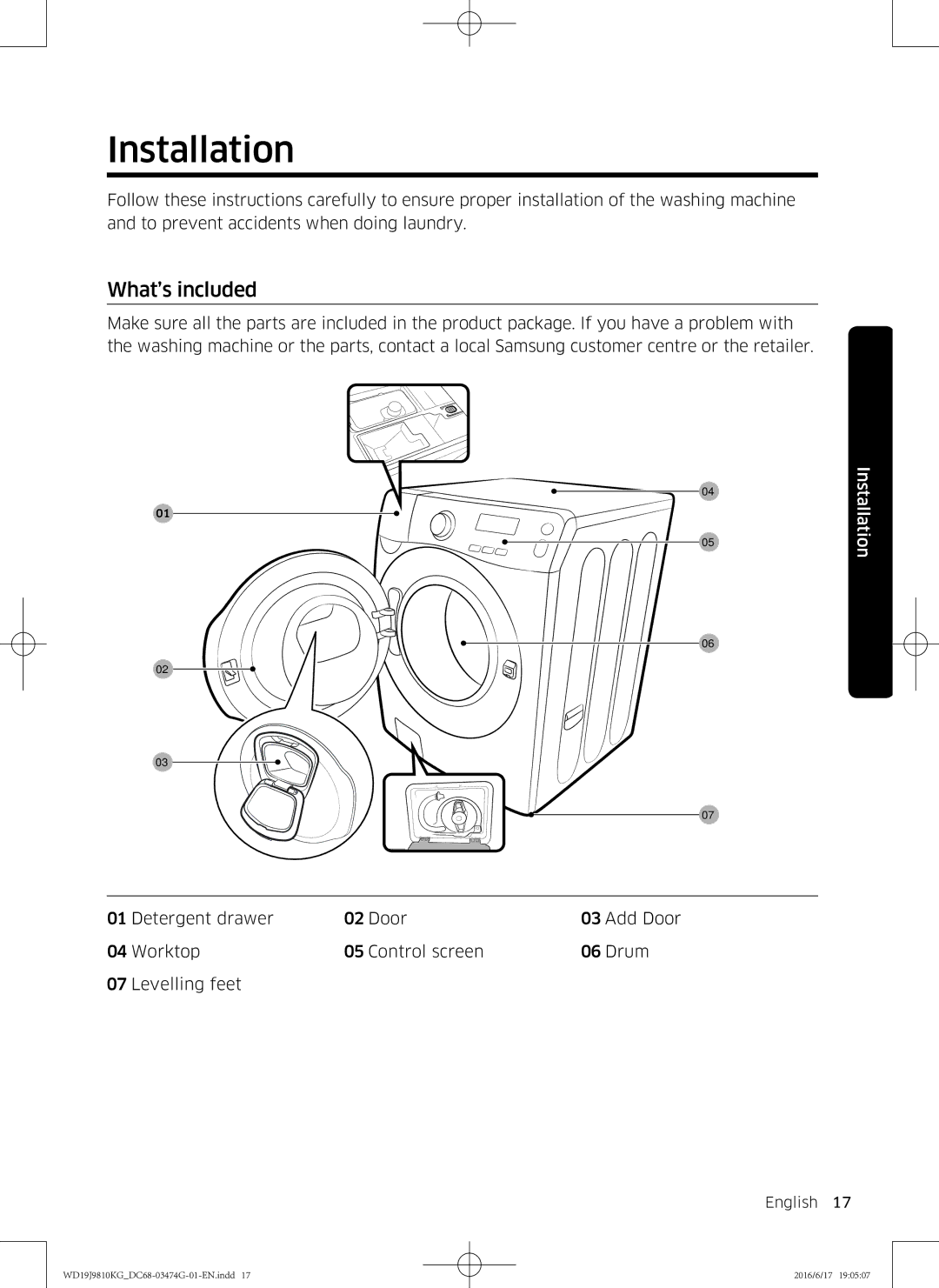 Samsung WD19J9810KG/YL, WD21J9810KP/YL manual Installation, What’s included 