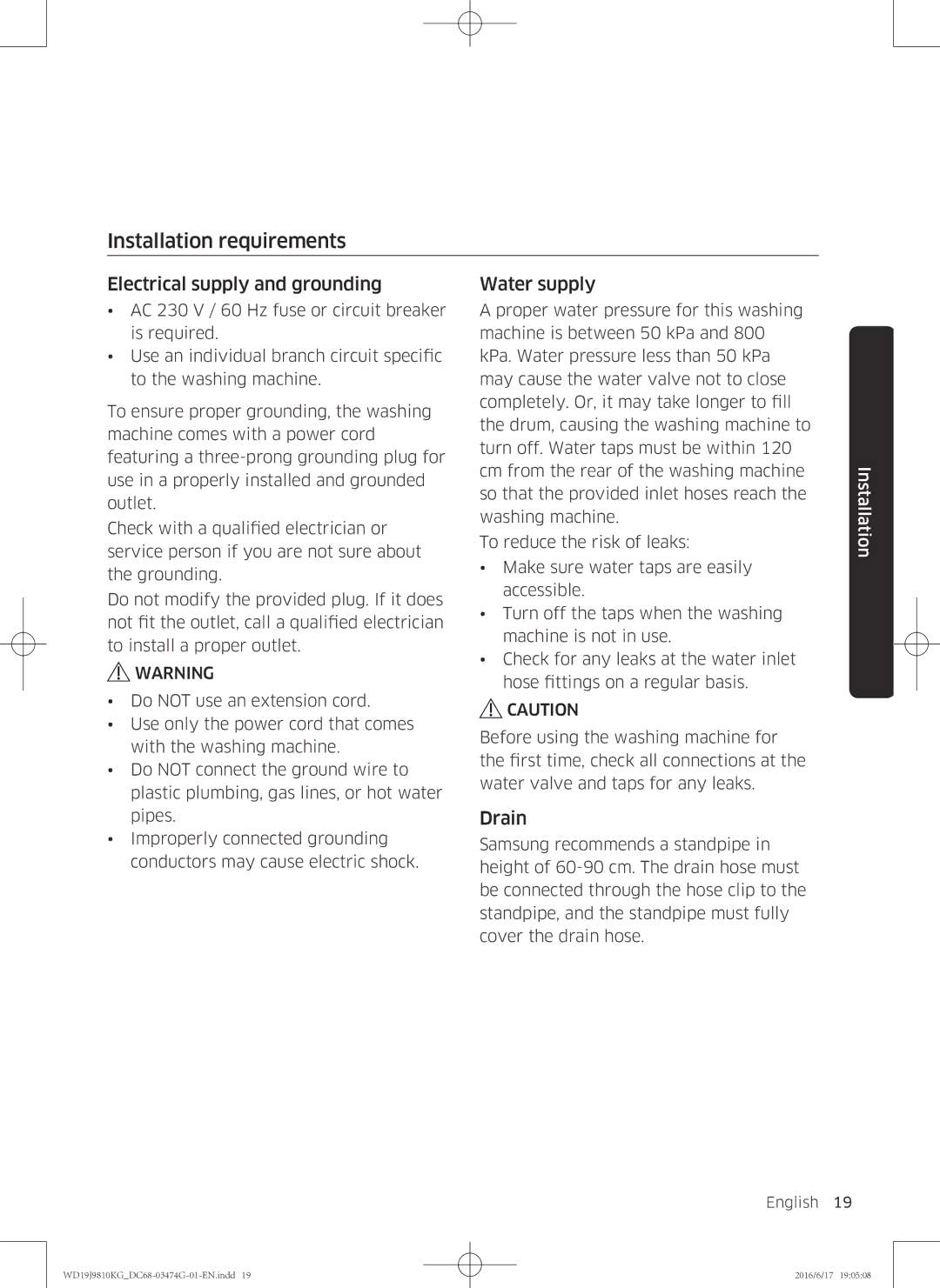 Samsung WD19J9810KG/YL, WD21J9810KP/YL Installation requirements, Electrical supply and grounding, Water supply, Drain 