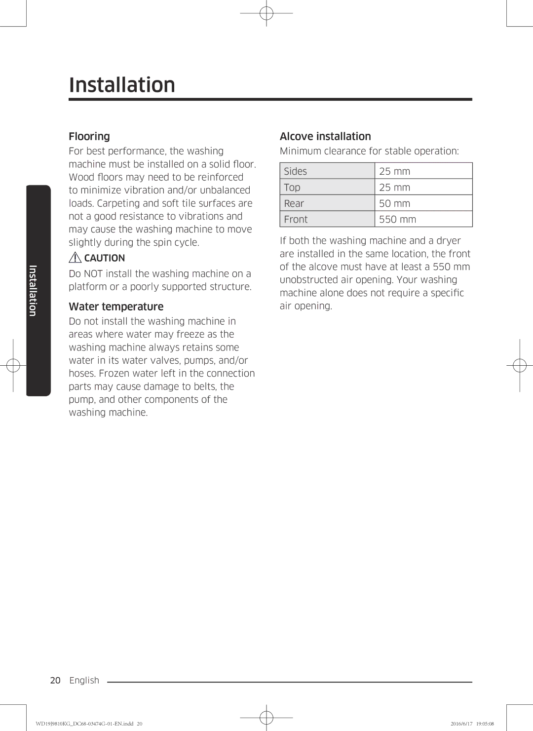 Samsung WD21J9810KP/YL, WD19J9810KG/YL manual Flooring, Water temperature, Alcove installation 