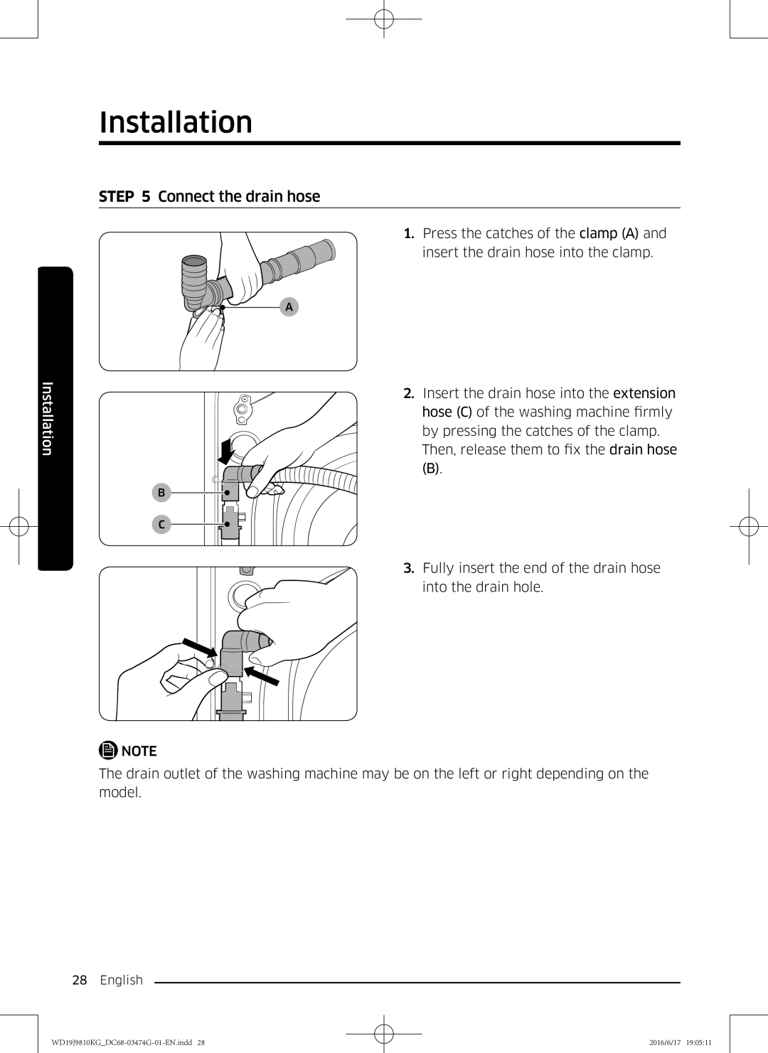 Samsung WD21J9810KP/YL, WD19J9810KG/YL manual Connect the drain hose 