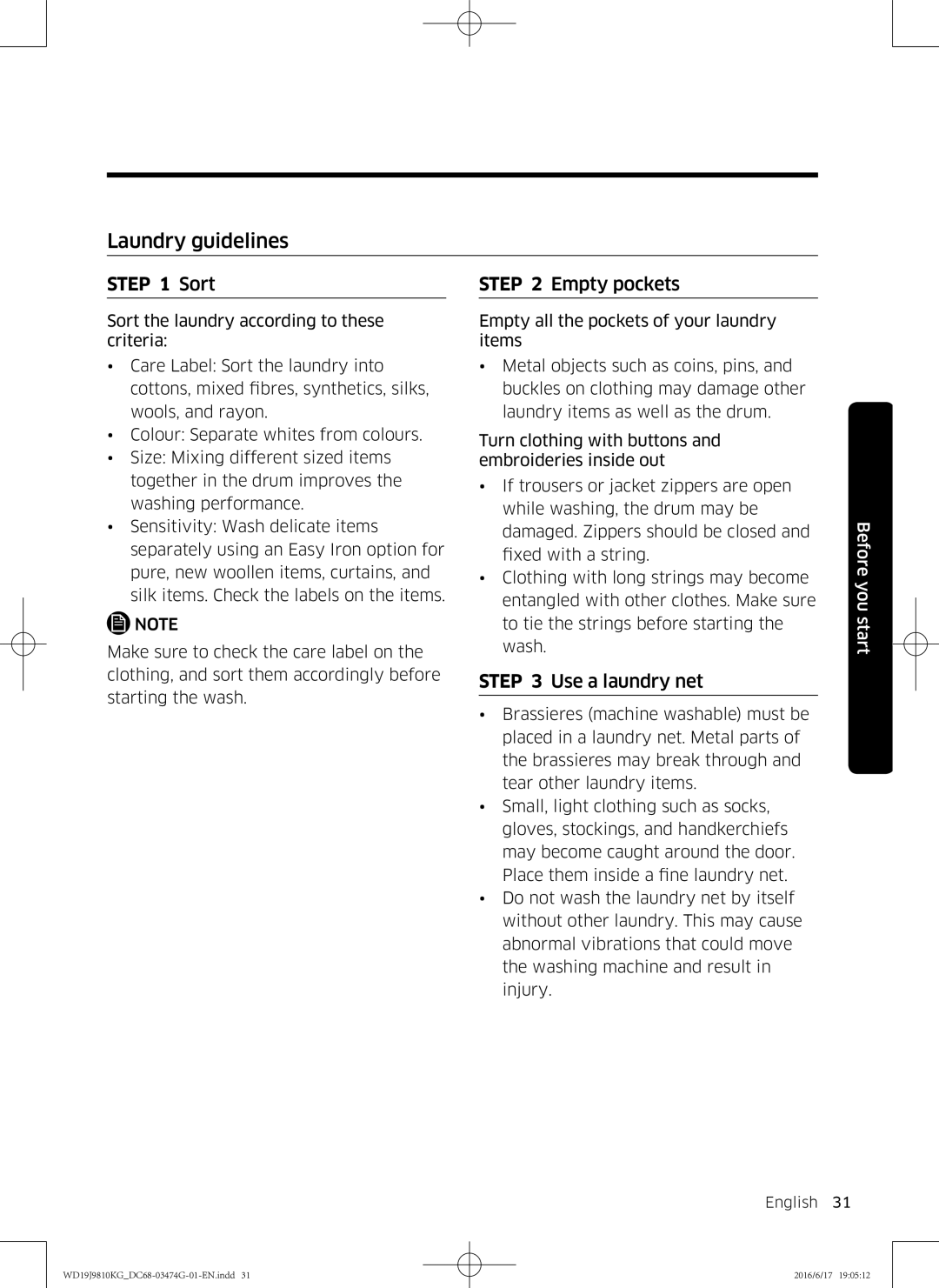 Samsung WD19J9810KG/YL, WD21J9810KP/YL manual Laundry guidelines, Empty pockets, Use a laundry net 