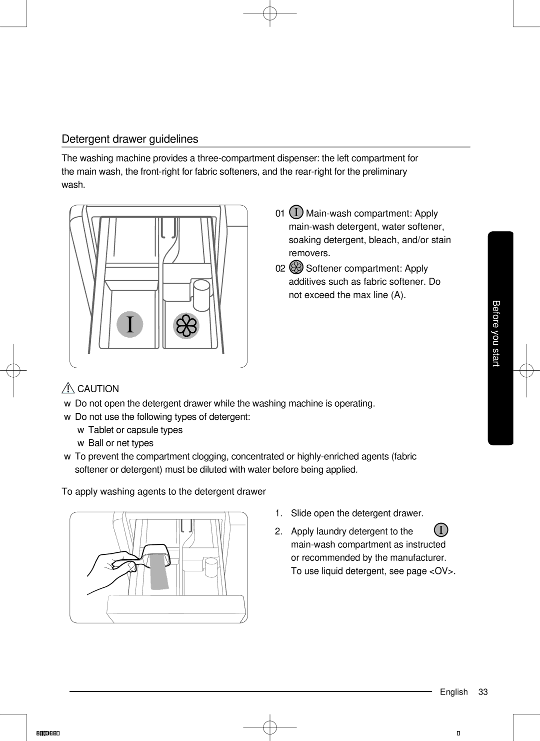 Samsung WD19J9810KG/YL, WD21J9810KP/YL manual Detergent drawer guidelines 