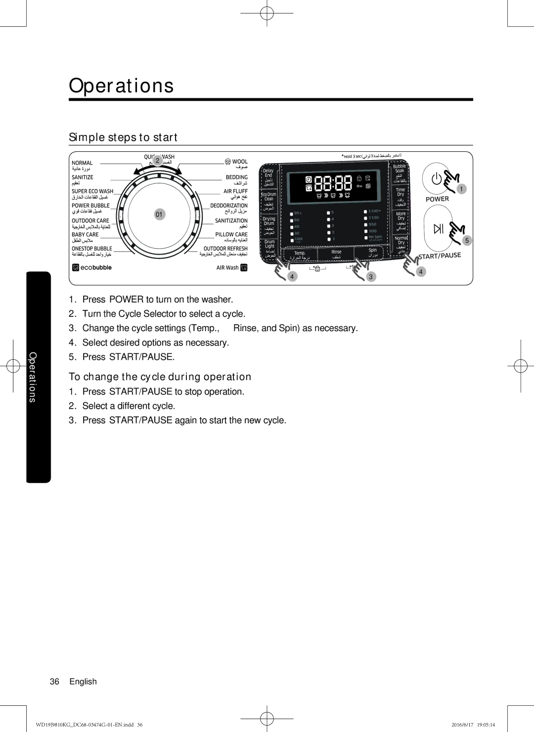 Samsung WD21J9810KP/YL, WD19J9810KG/YL manual Simple steps to start, To change the cycle during operation 