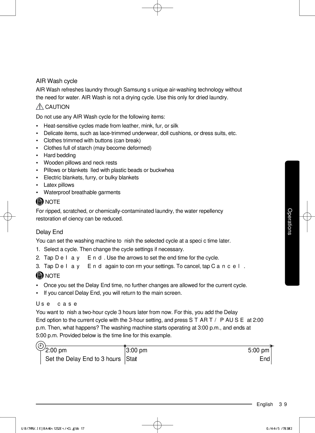 Samsung WD19J9810KG/YL, WD21J9810KP/YL manual AIR Wash cycle, Set the Delay End to 3 hours, Start End, 500 pm 