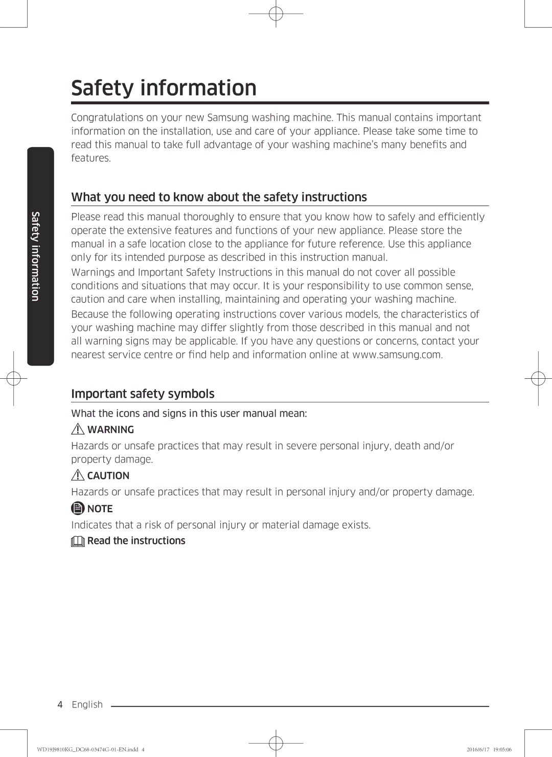 Samsung WD21J9810KP/YL, WD19J9810KG/YL manual Safety information 