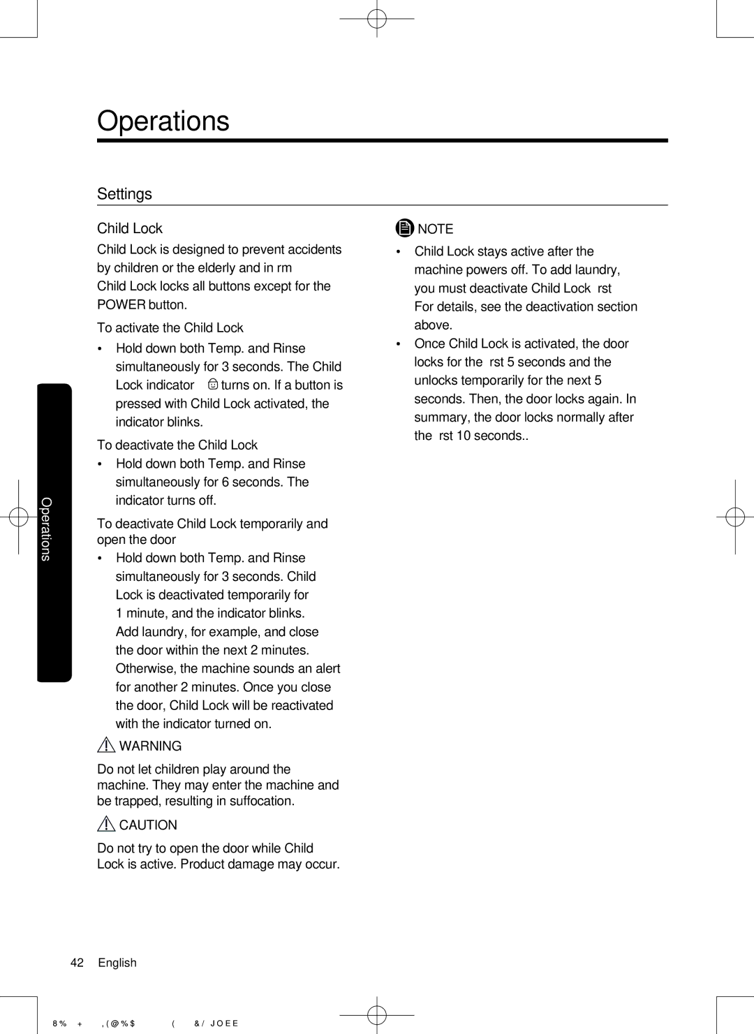 Samsung WD21J9810KP/YL, WD19J9810KG/YL manual Settings, Child Lock 