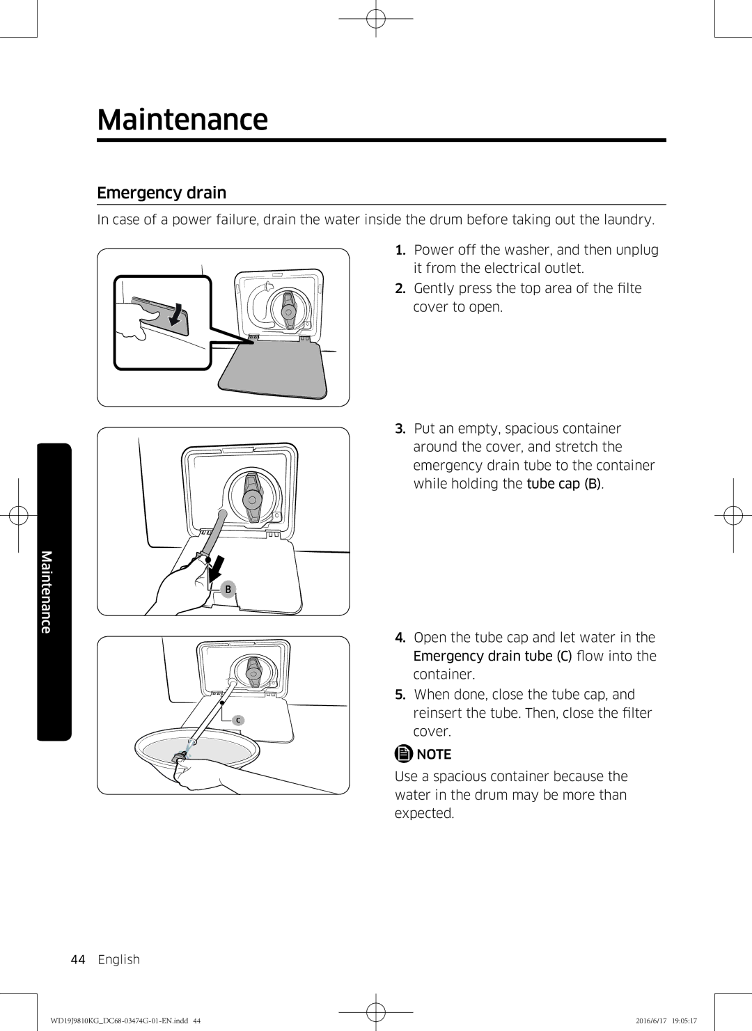 Samsung WD21J9810KP/YL, WD19J9810KG/YL manual Emergency drain 