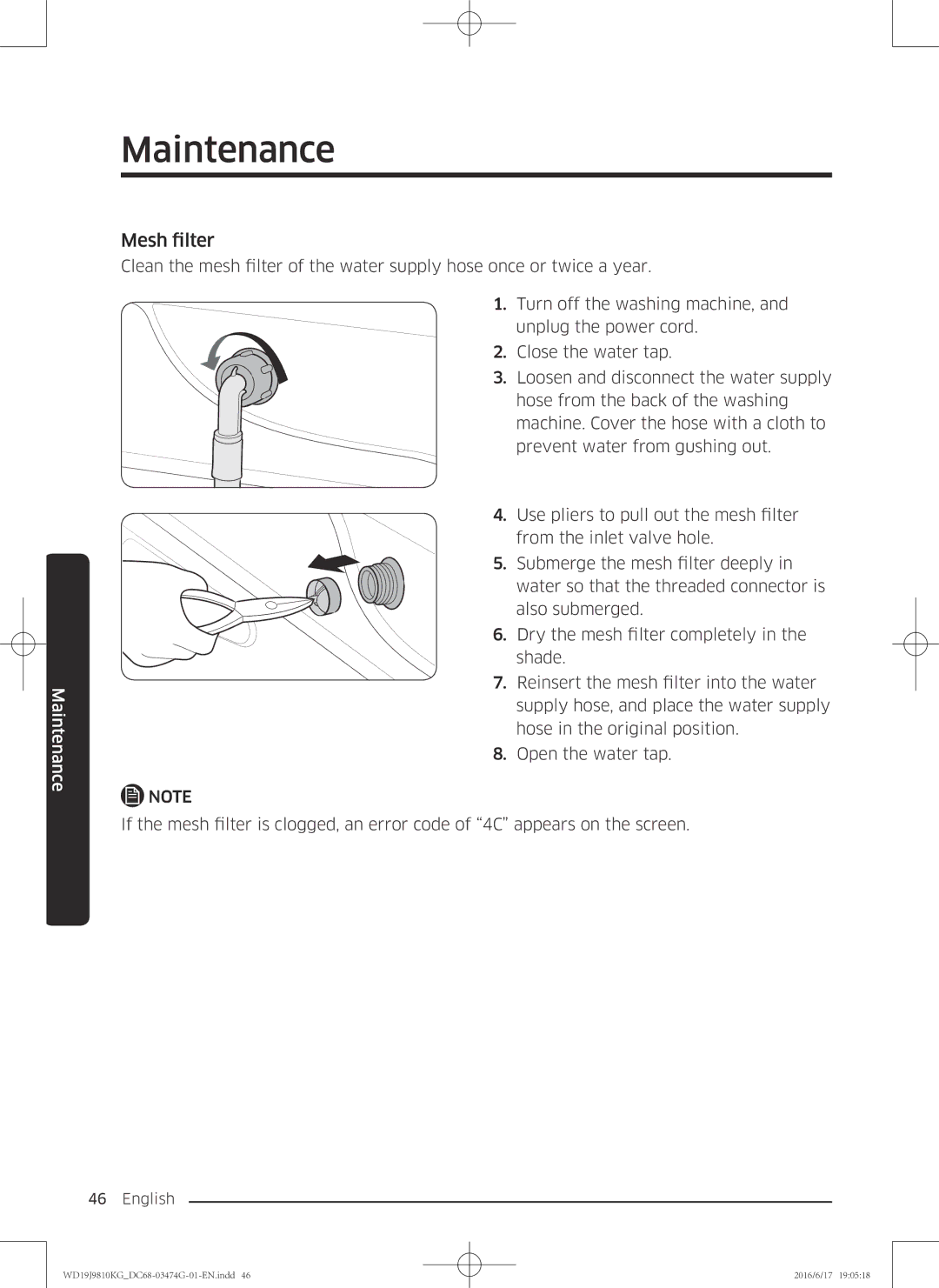 Samsung WD21J9810KP/YL, WD19J9810KG/YL manual Mesh filter 