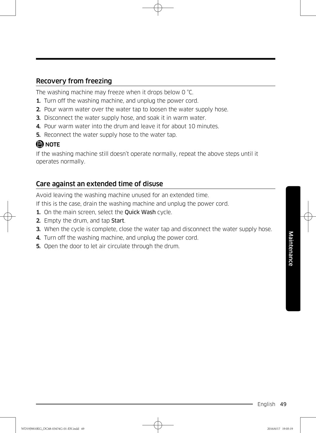 Samsung WD19J9810KG/YL, WD21J9810KP/YL manual Recovery from freezing, Care against an extended time of disuse 