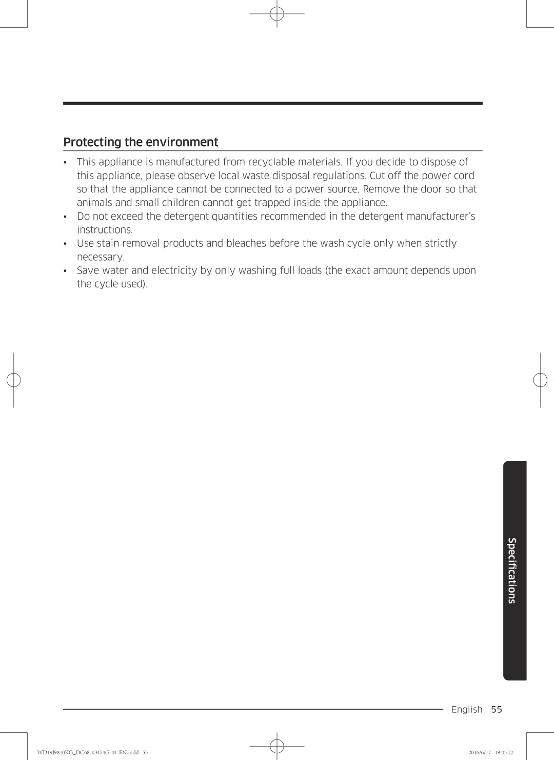 Samsung WD19J9810KG/YL, WD21J9810KP/YL manual Protecting the environment 