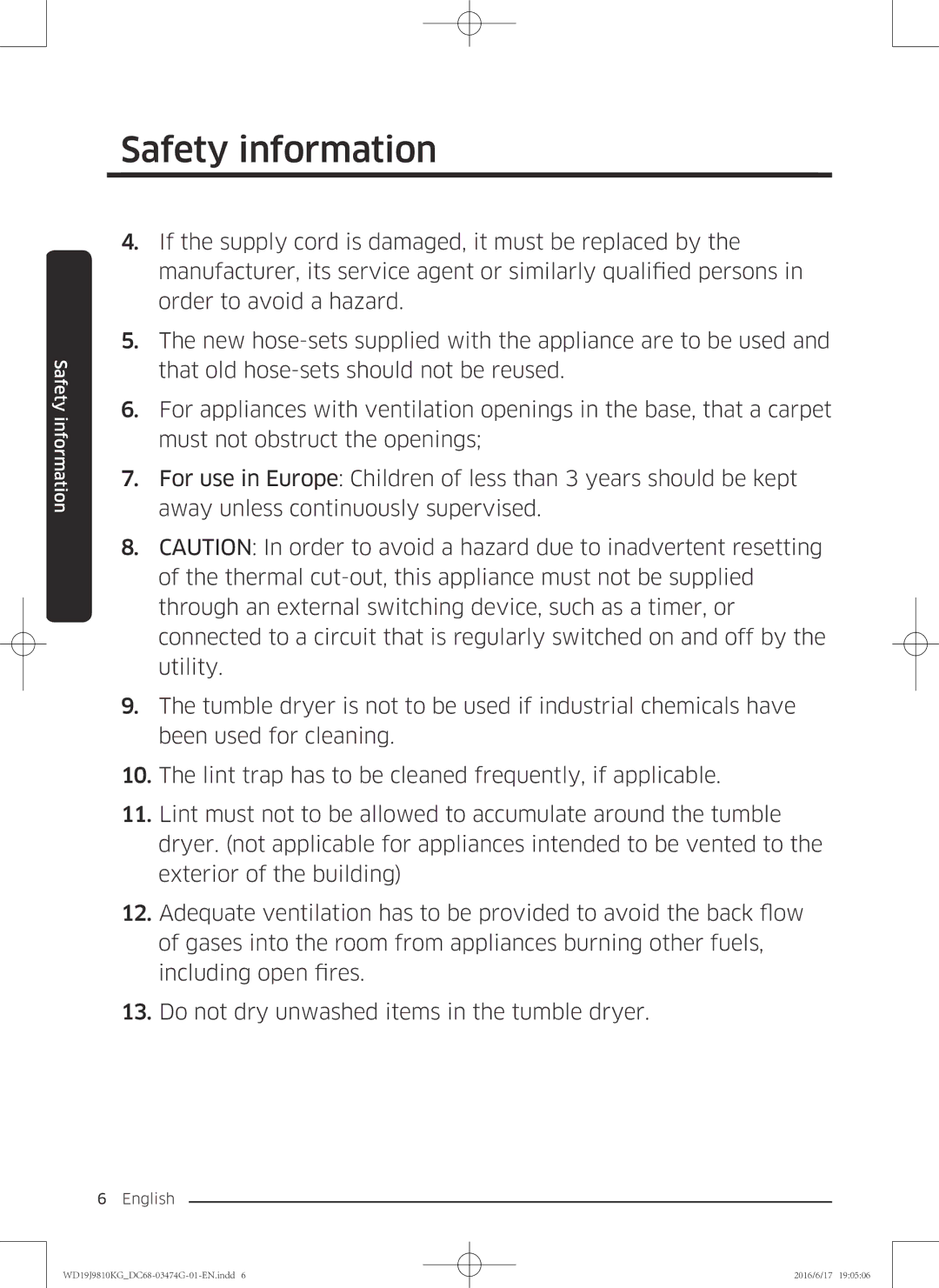 Samsung WD21J9810KP/YL, WD19J9810KG/YL manual Safety information 