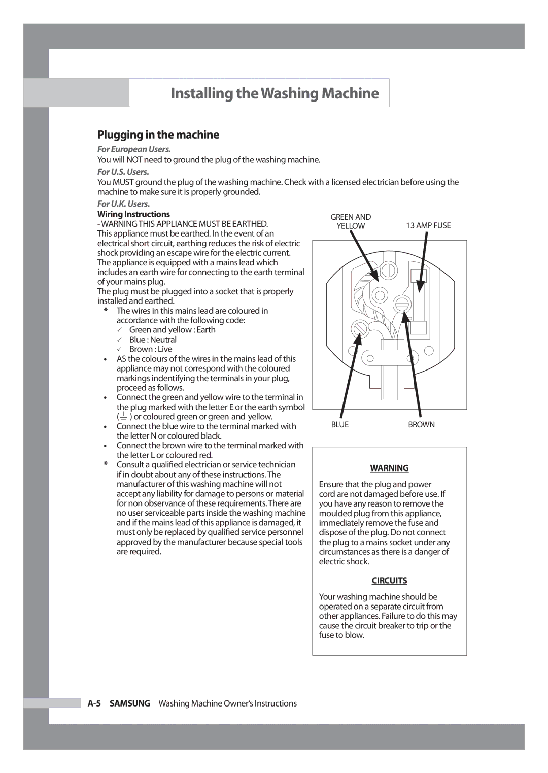 Samsung WD6102CKC/XSV manual Plugging in the machine, For European Users, For U.S. Users, For U.K. Users 