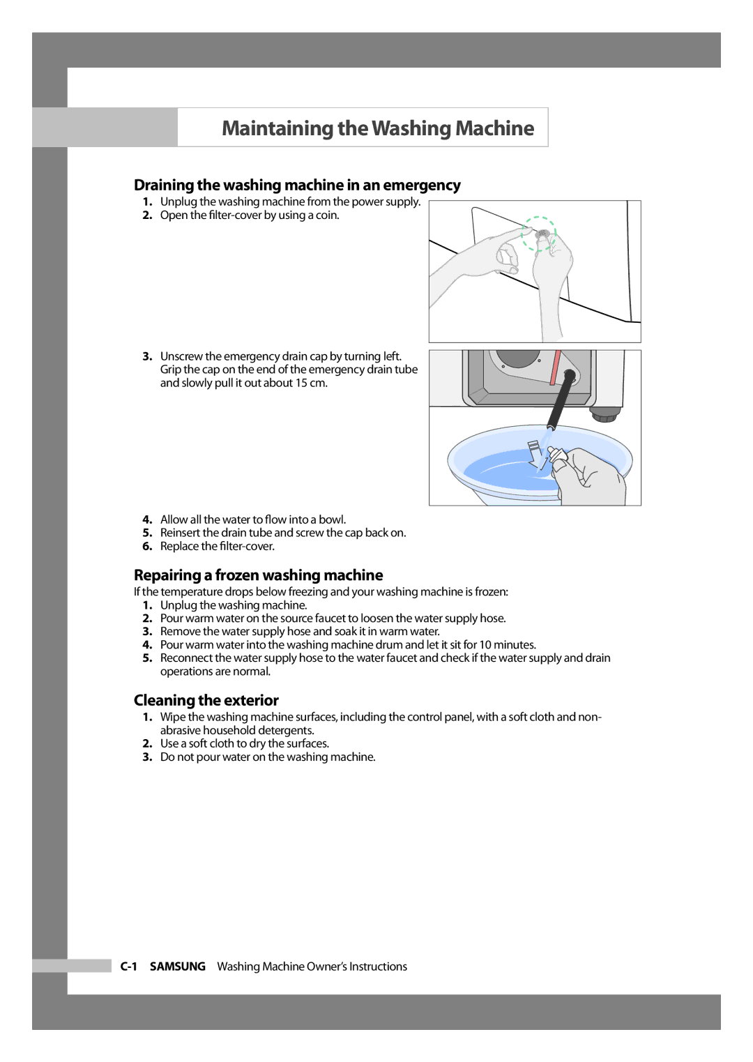 Samsung WD6102CKC/XSV Maintaining the Washing Machine, Draining the washing machine in an emergency, Cleaning the exterior 