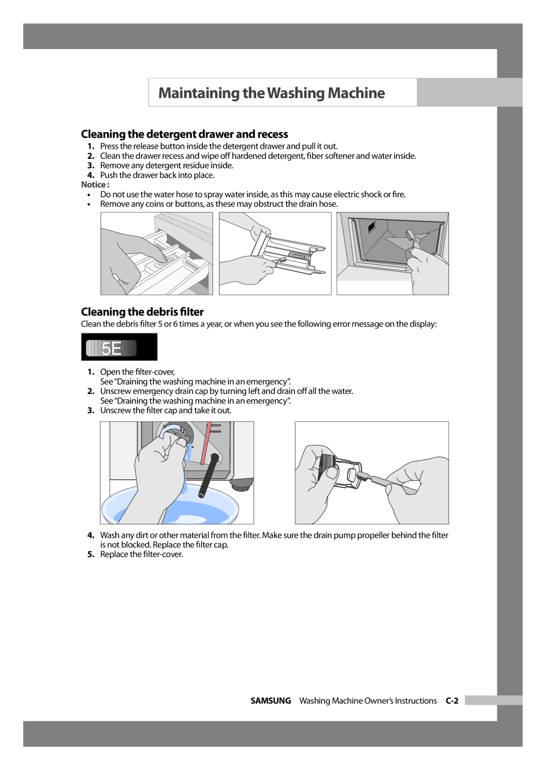 Samsung WD6102CKC/XSV manual Cleaning the detergent drawer and recess, Cleaning the debris ﬁlter 